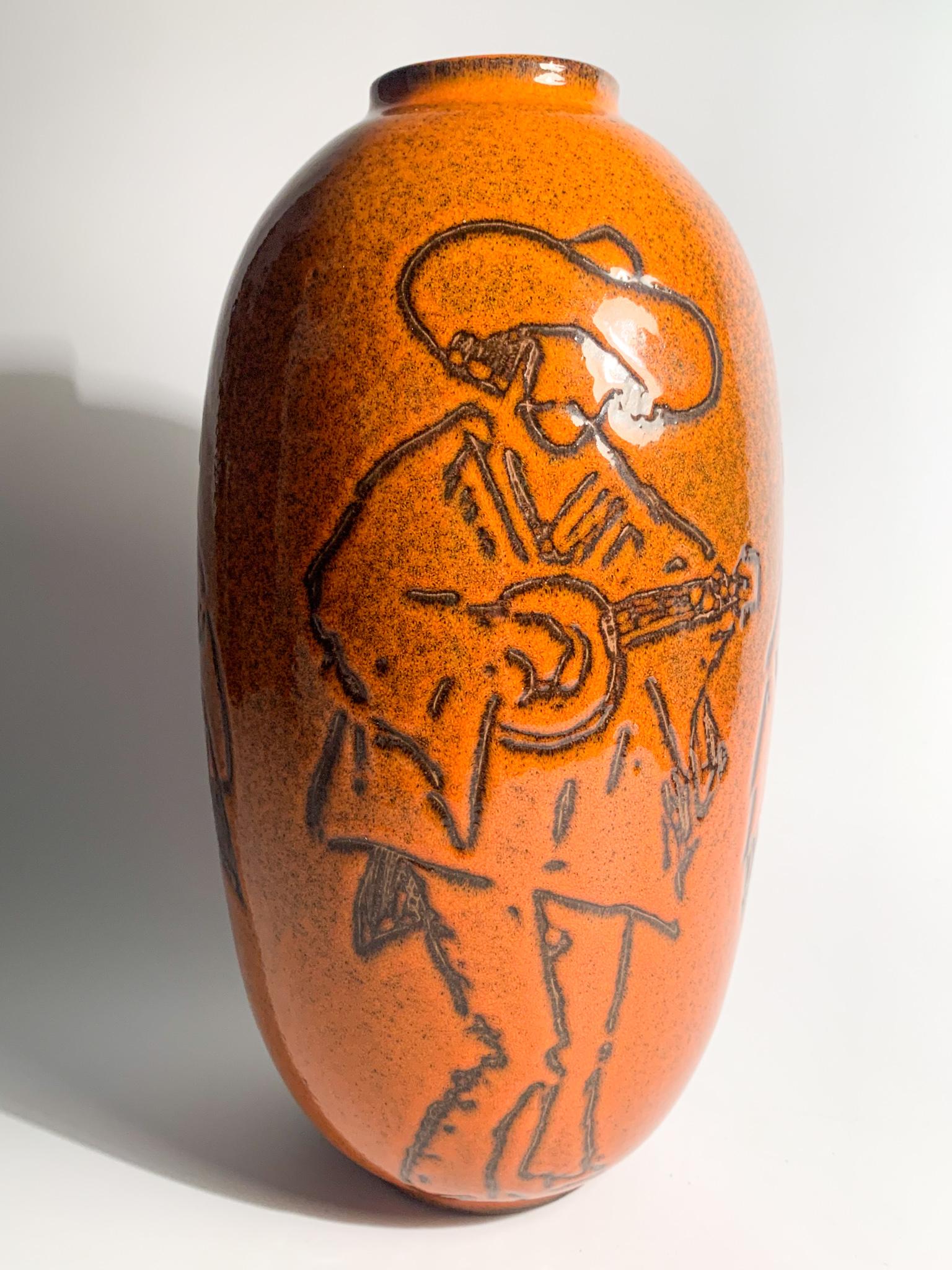Arcore Ceramic Orange Vase with 1950s Decorative Detail For Sale 2