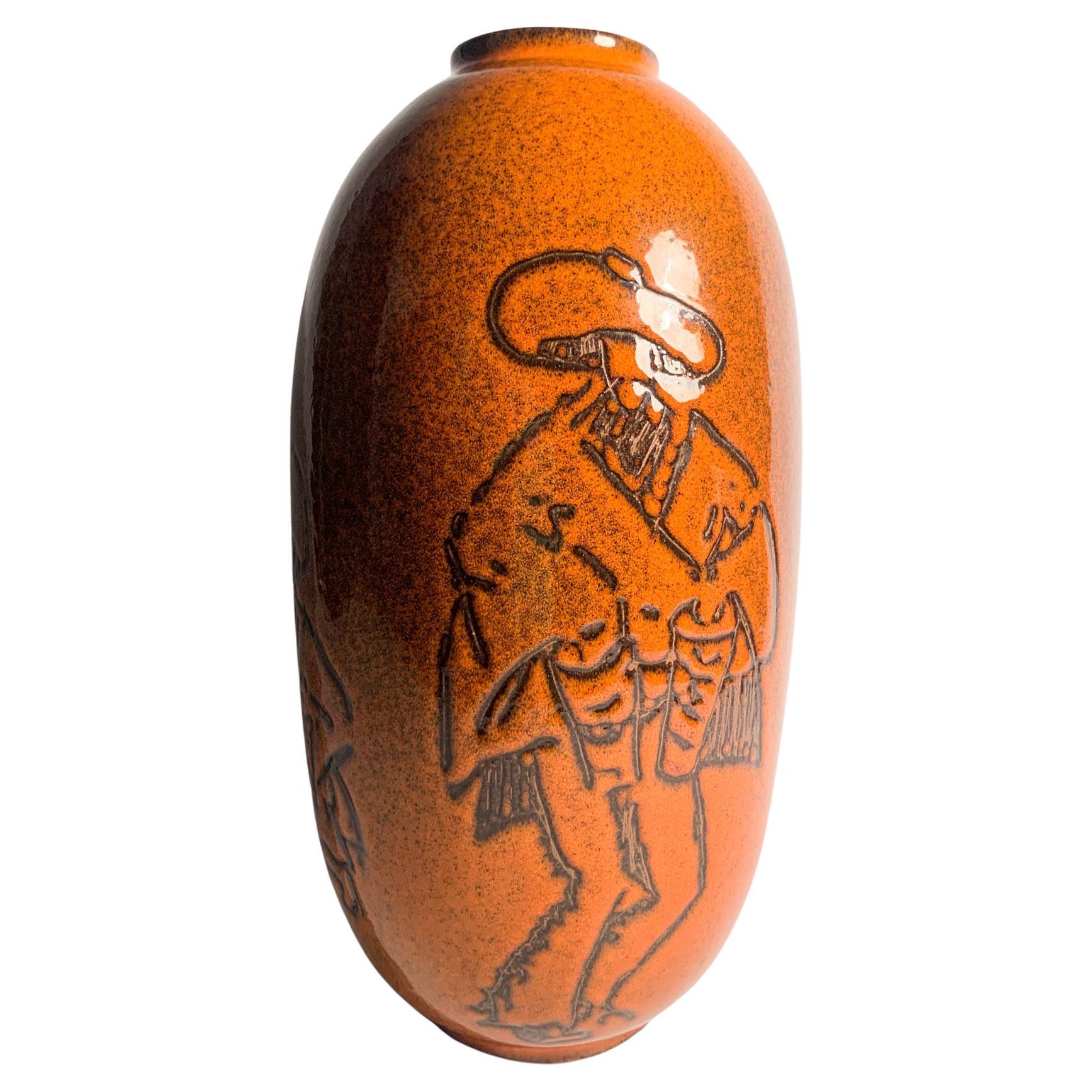 Arcore Ceramic Orange Vase with 1950s Decorative Detail For Sale