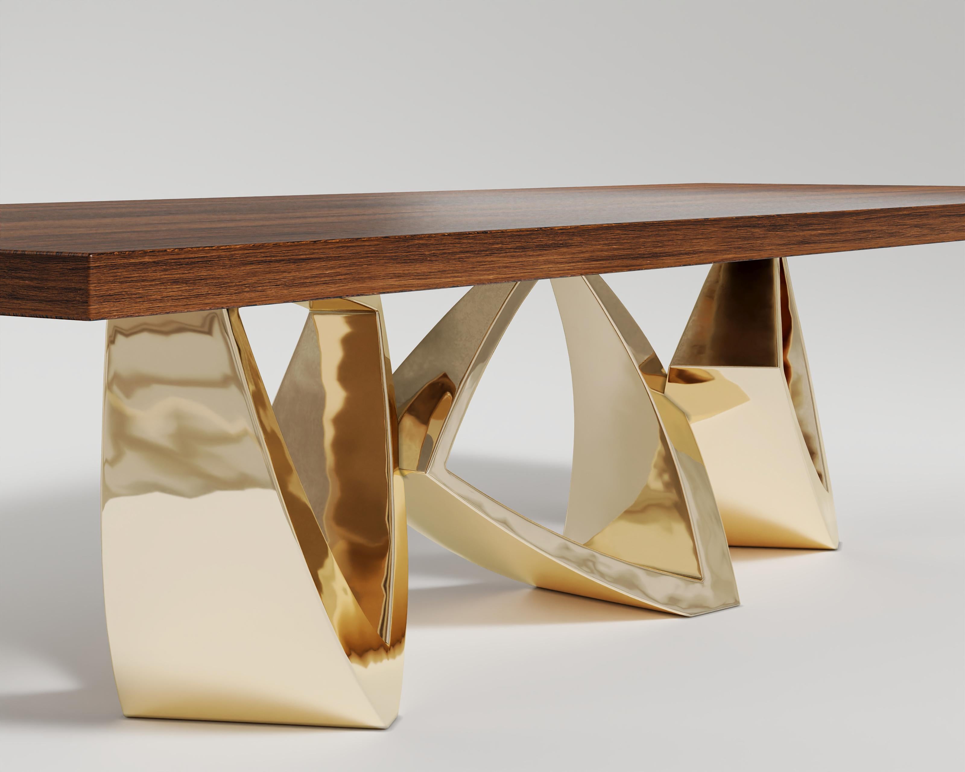 Turkish Arcos Dining Table in Polished Bronze Base For Sale