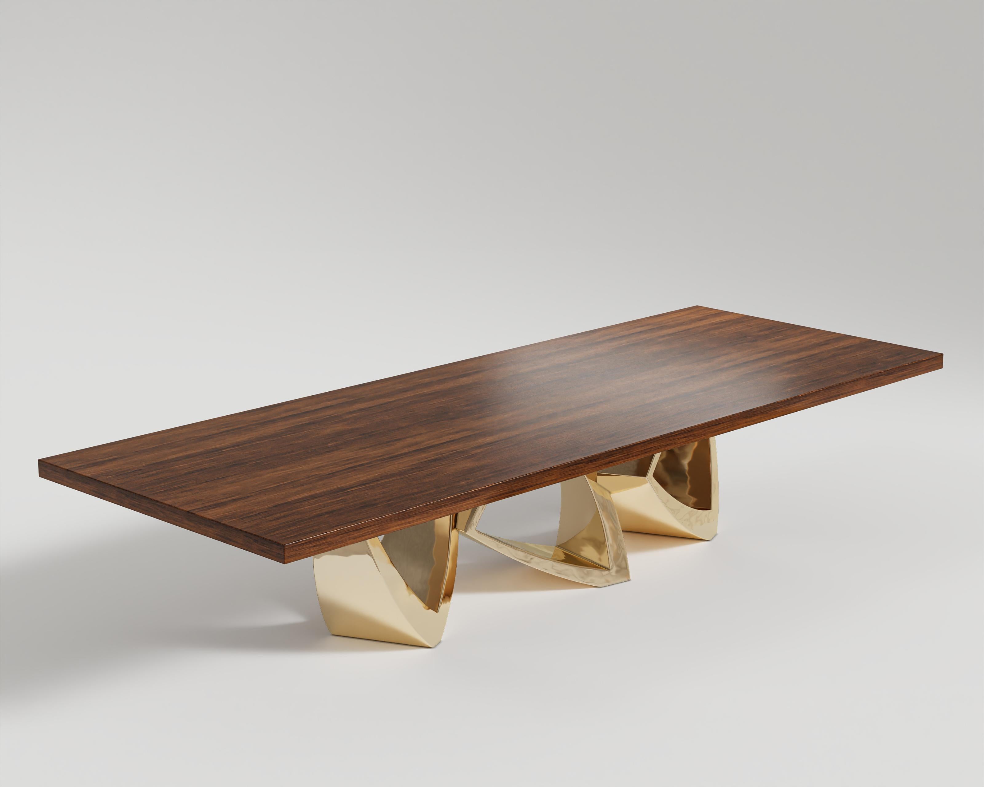 Brushed Arcos Dining Table in Polished Bronze Base For Sale