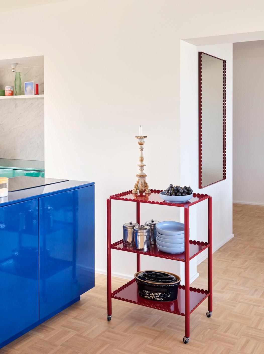 Designed by Belgian duo Muller Van Severen, Arcs Trolley is a functional and decorative trolley encased in a unified chain of vertical arcs. A small piece of furniture with a strong presence, the trolley combines industrial techniques with poetic