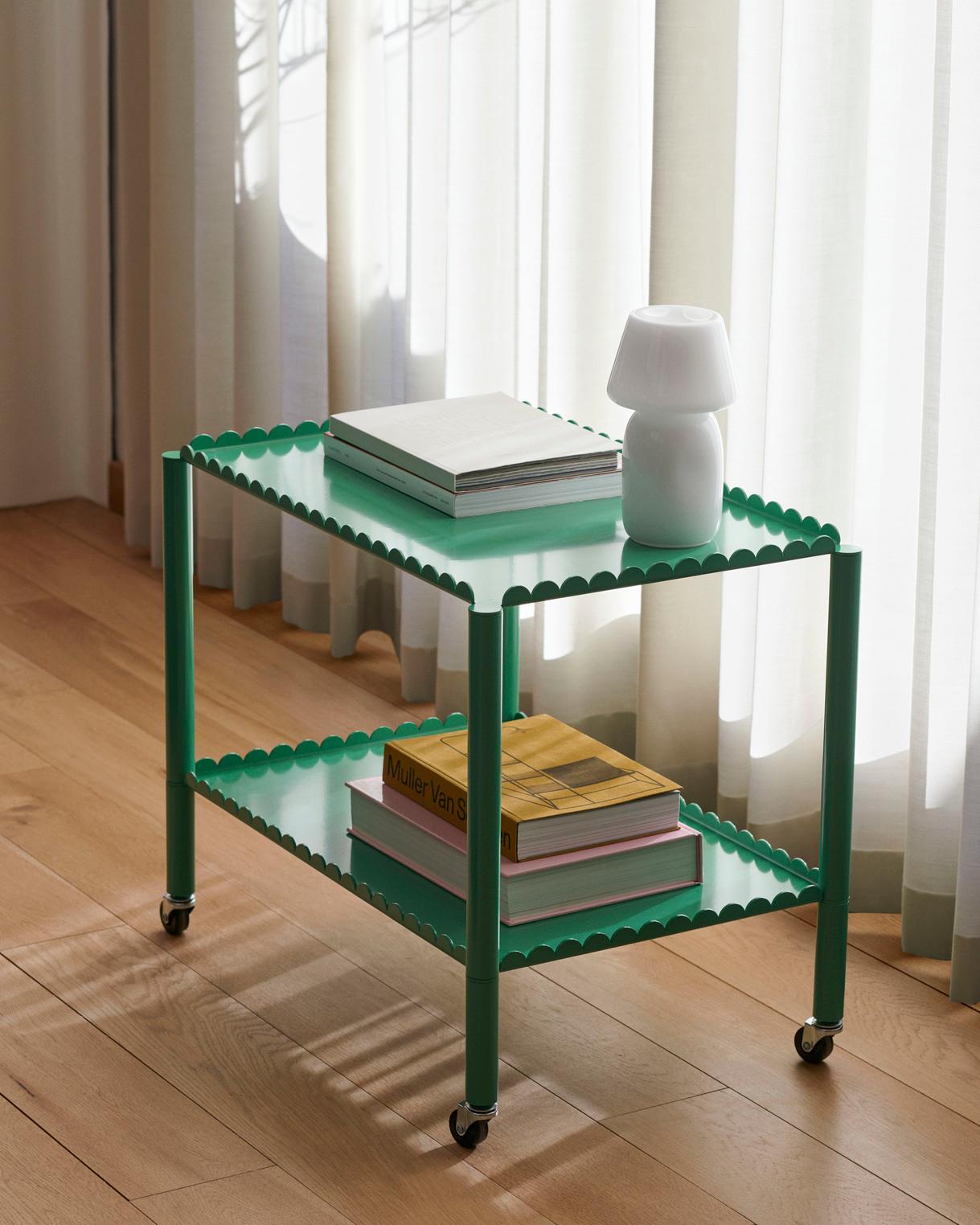 Designed by Belgian duo Muller Van Severen, Arcs Trolley is a functional and decorative trolley encased in a unified chain of vertical arcs. A small piece of furniture with a strong presence, the trolley combines industrial techniques with poetic
