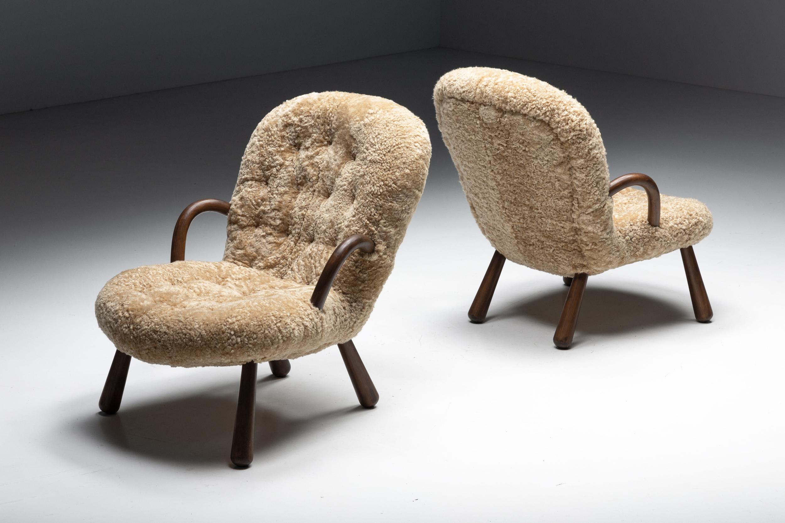 Scandinavian Modern Arctander Clam Chair in Sheepskin by Philip Arctander, Denmark, 1944