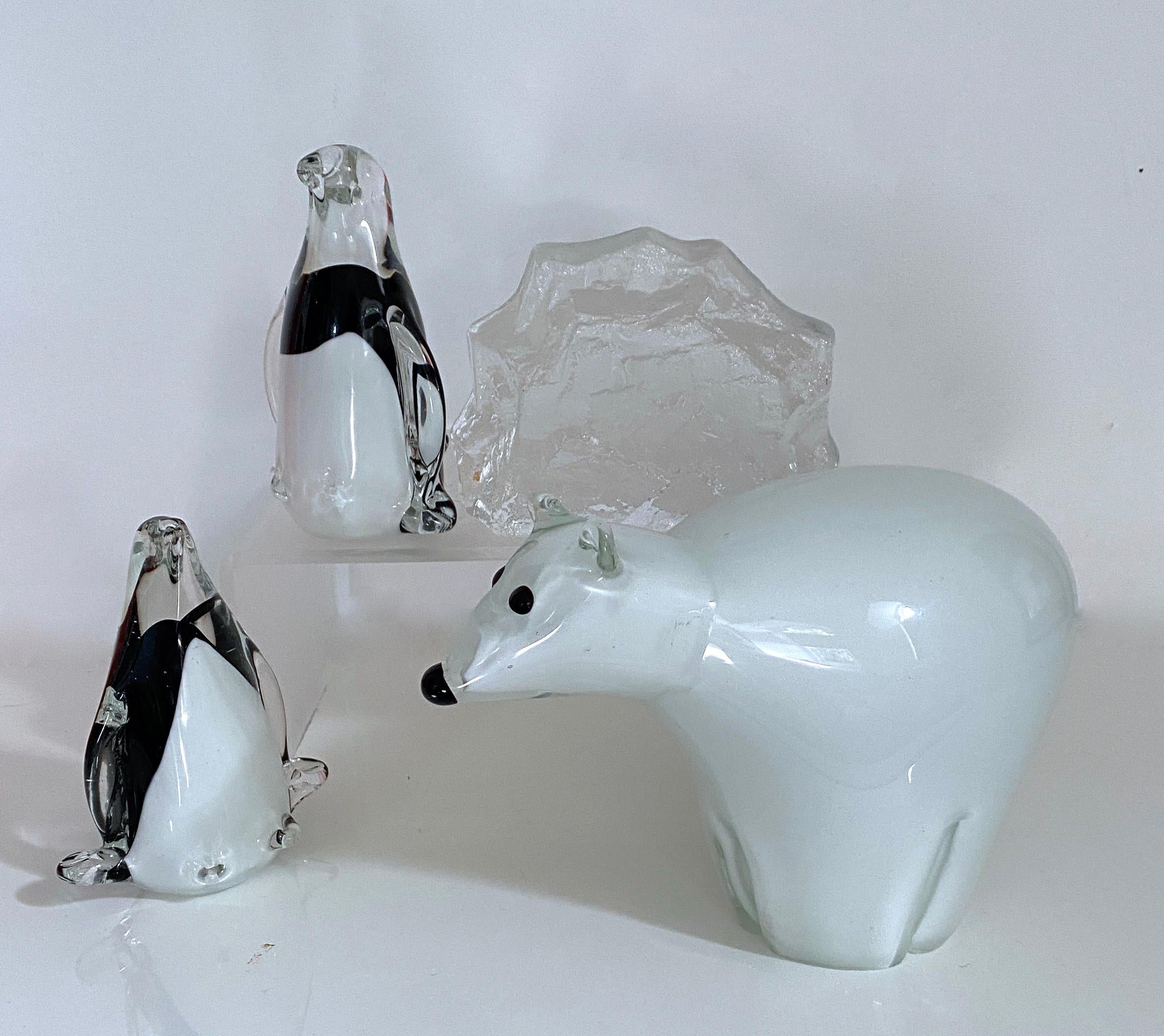Arctic animal sculpture Italian Murano and Scandinavian modernist glass 4 pieces.We have put together a 'tableau' of Arctic Animals, consisting large white polar bear (vintage) two penguins and a glacier (original label made by Reijemyre. These are