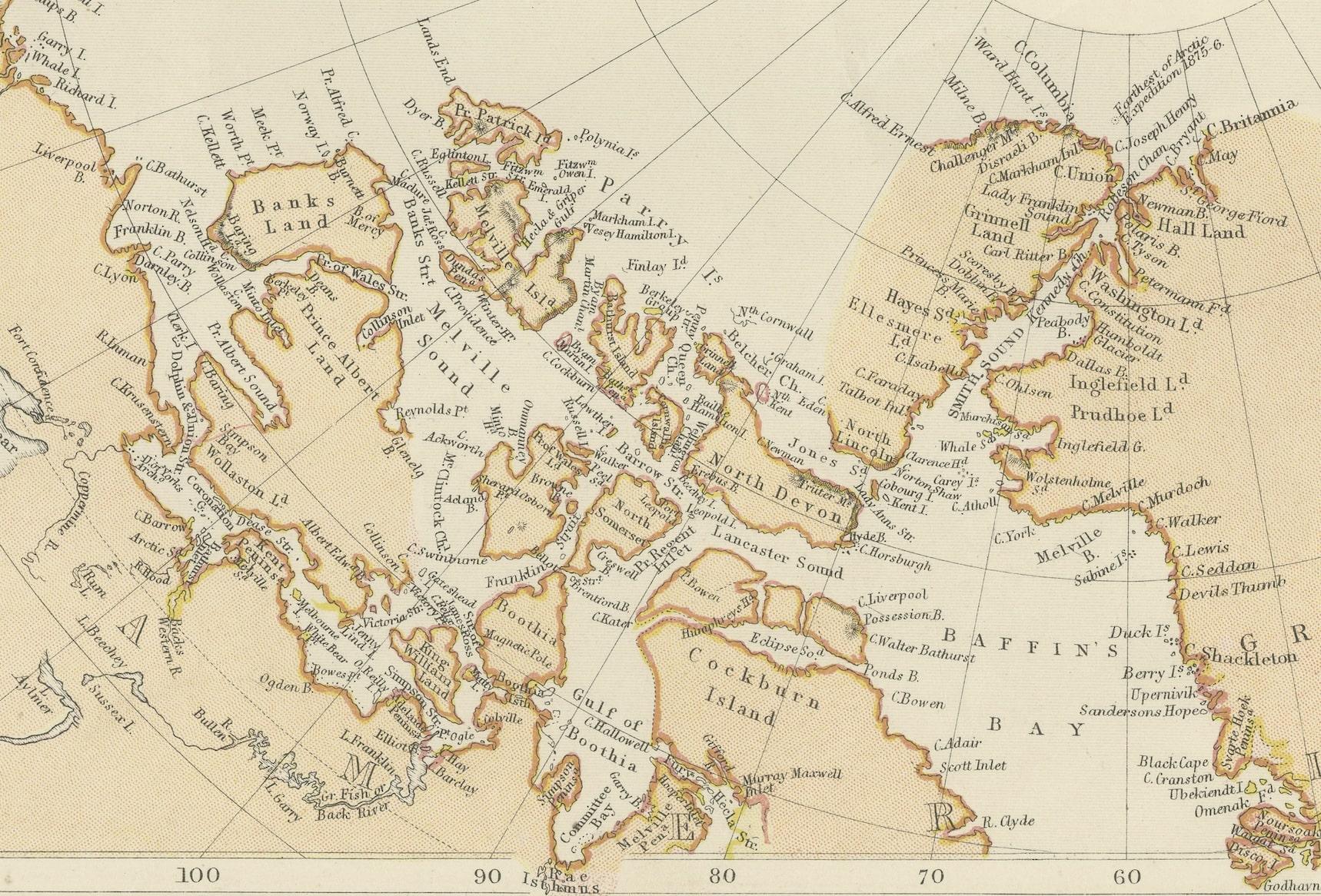 This map, extracted from the 1882 atlas by Blackie & Son, presents the North Circumpolar Regions in a projection centered on the North Pole, offering a unique view of the Arctic territories. The map's radial lines emanate from the pole, focusing on