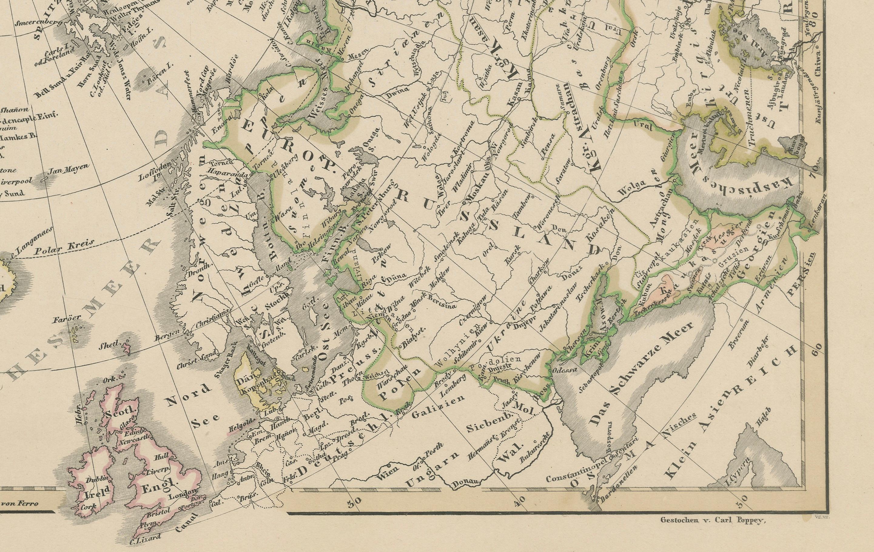 Mapa Polar Ártico - Polo Norte y Regiones del Imperio Ruso 1857 Alemán en venta