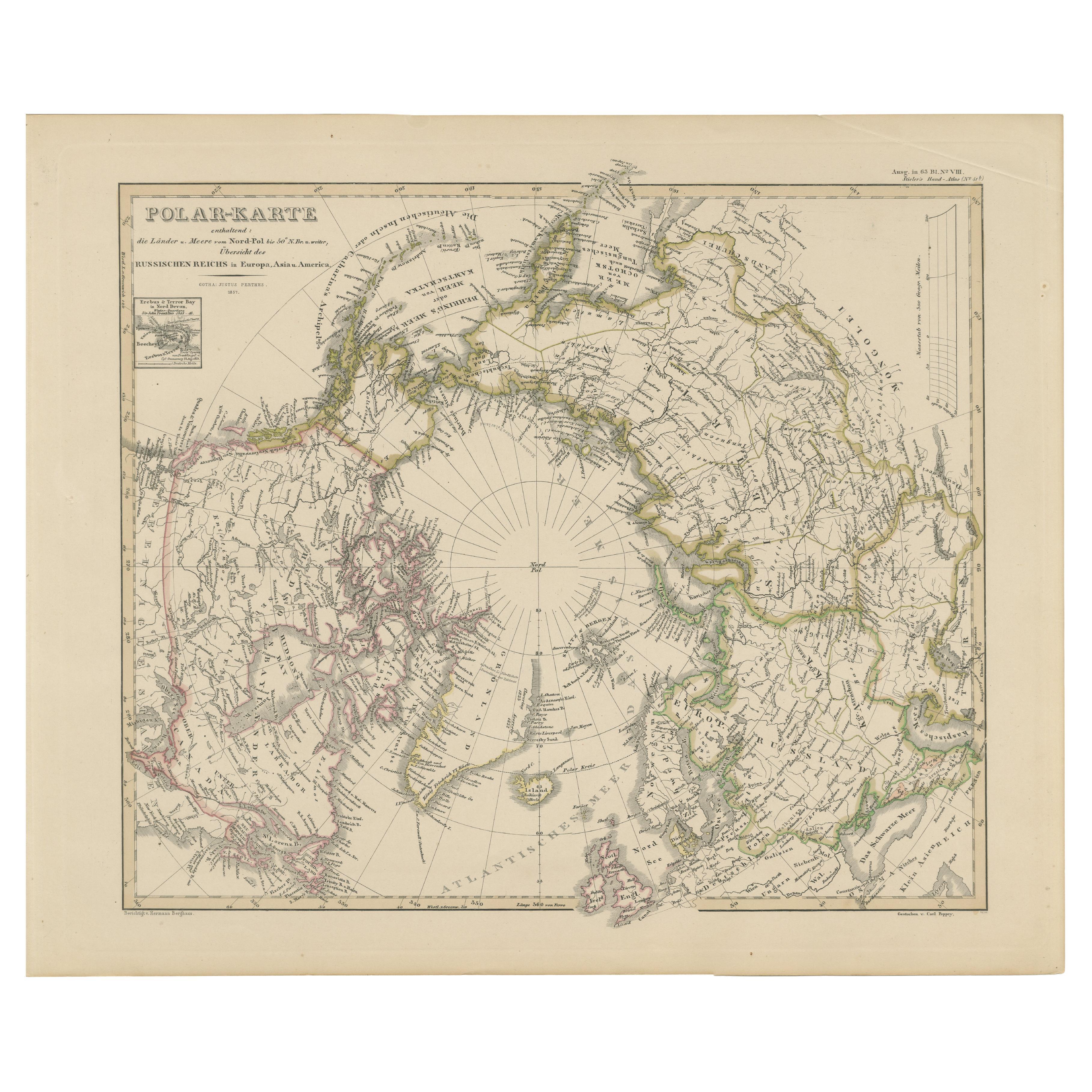 Mappa Polare Artica - Polo Nord e Regioni dell'Impero Russo 1857