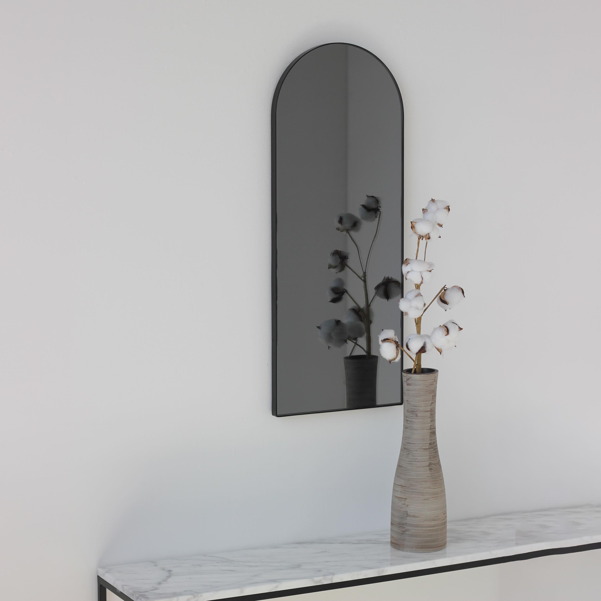 Powder-Coated Arcus Arch Shaped Black Tinted Modern Wall Mirror with a Black Frame, Large For Sale