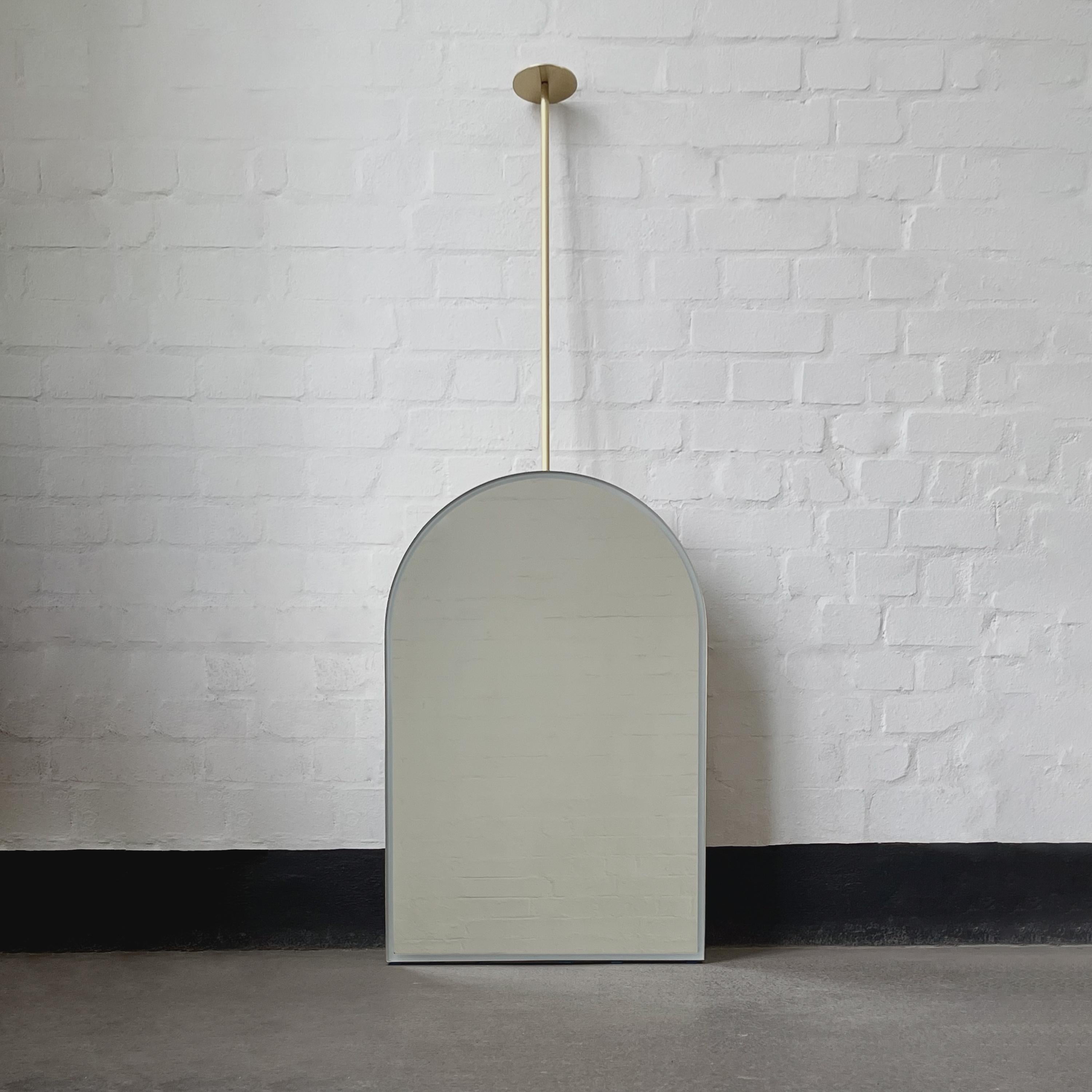 Modern Arcus Illuminated Ceiling Suspended Arched Contemporary Mirror with Brass Frame For Sale