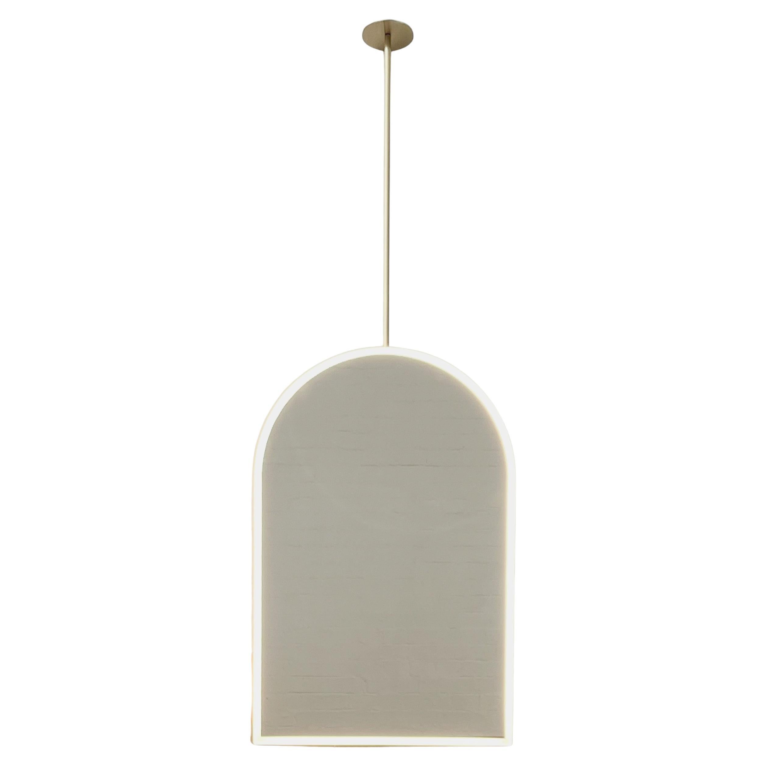 Arcus Illuminated Ceiling Suspended Arched Contemporary Mirror with Brass Frame