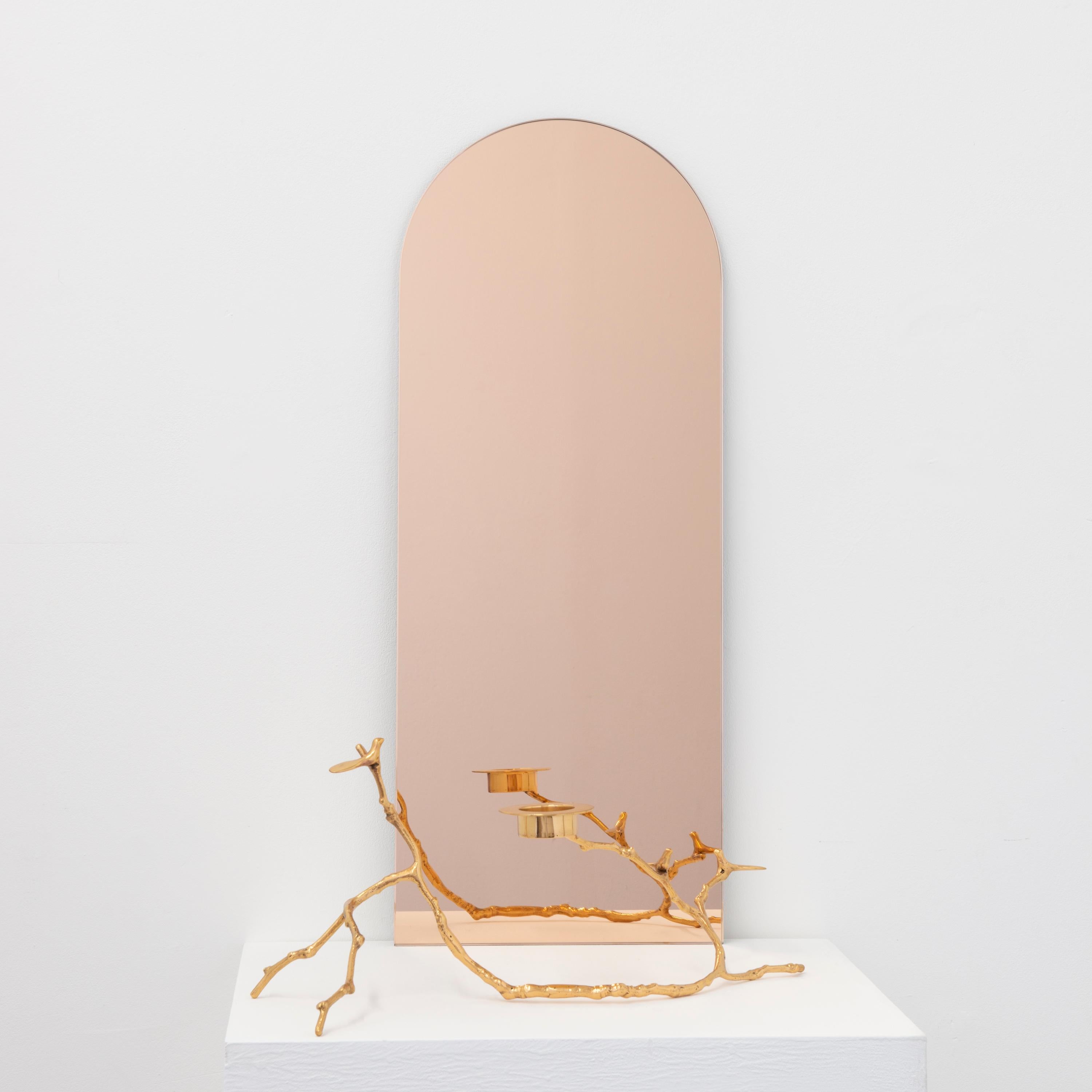 Minimaliste Arcus Rose Gold Miroir contemporain sans cadre à effet flottant, moyen en vente
