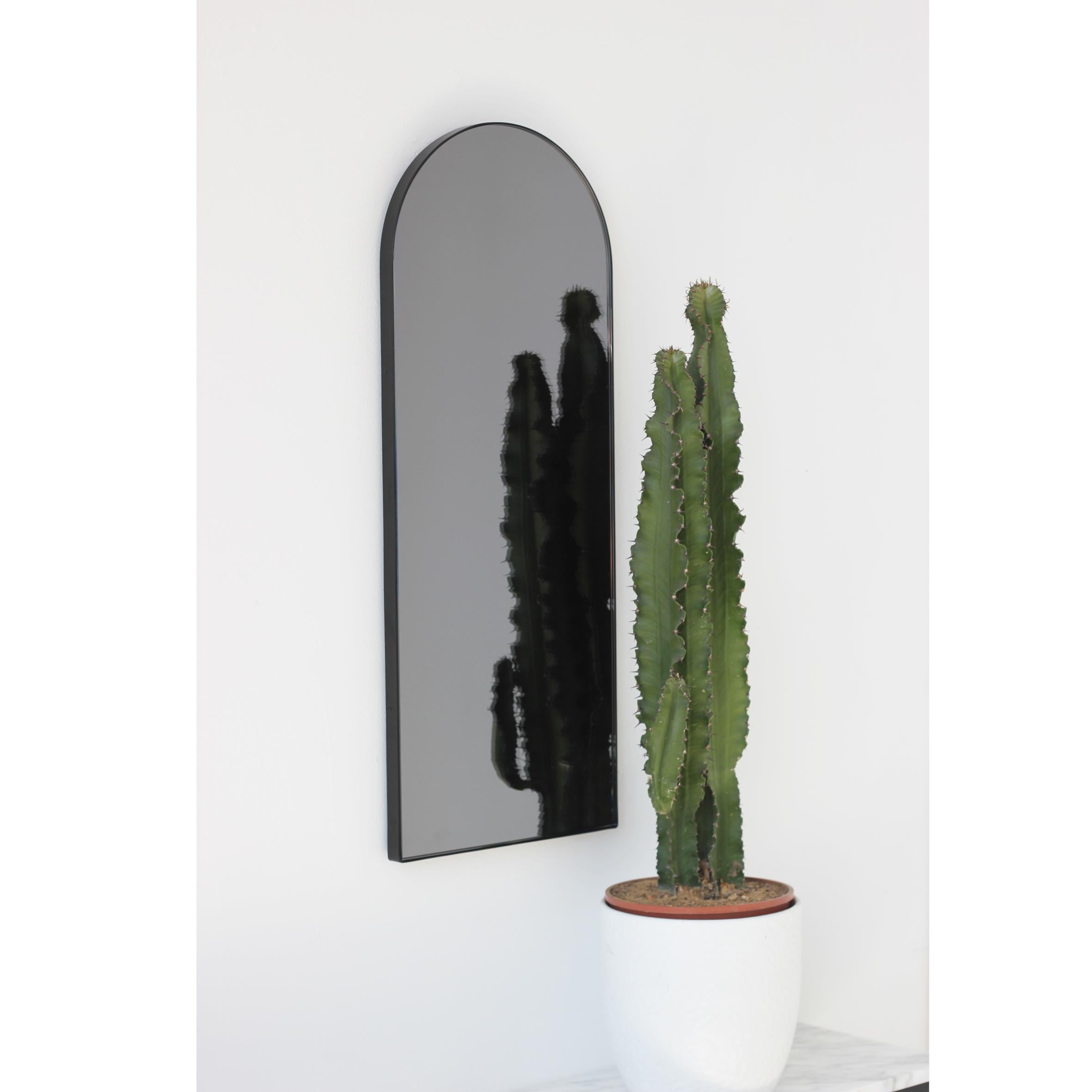 Aluminum Arcus Arch shaped Black Tinted Contemporary Mirror with a Black Frame, Medium For Sale