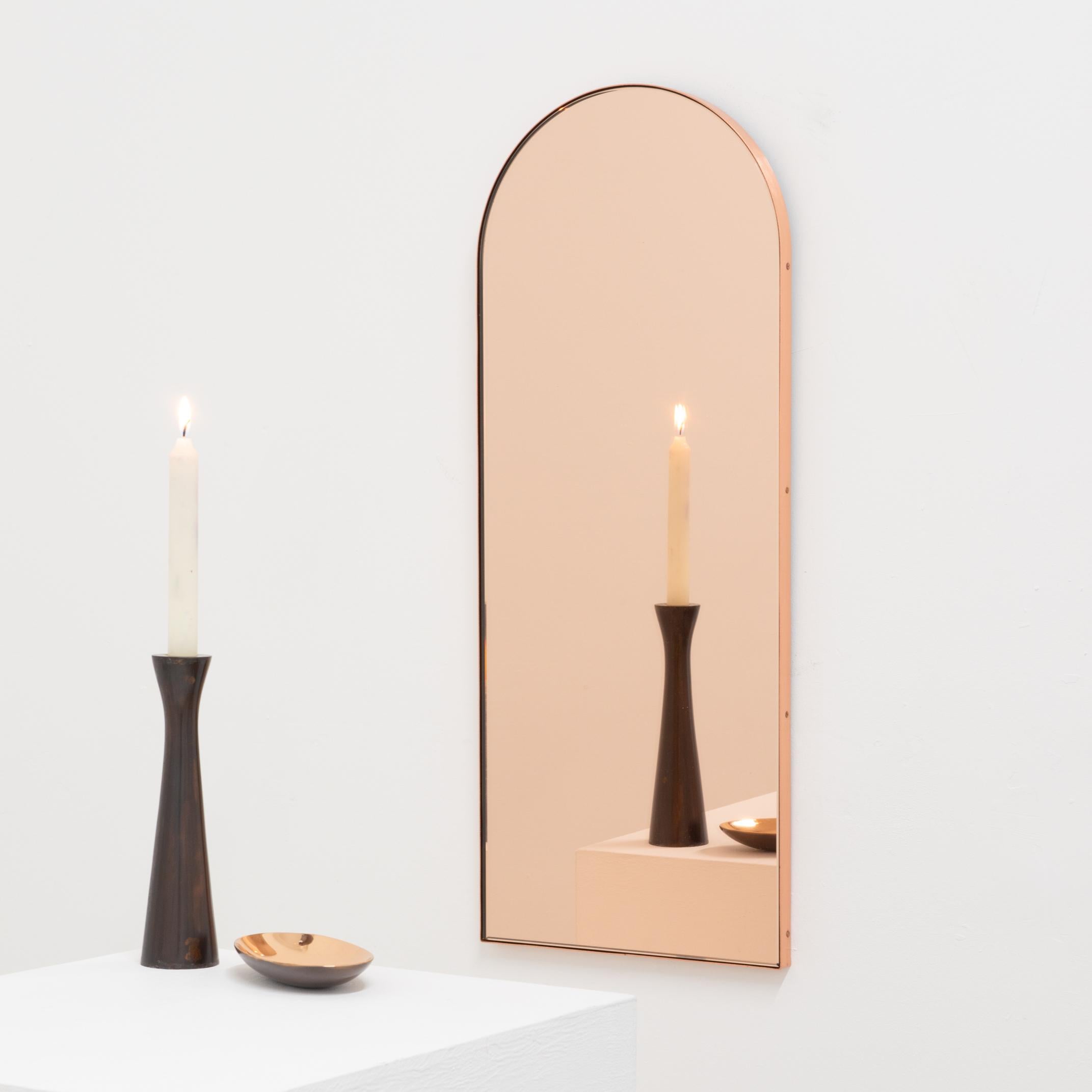 Brushed Arcus Arch shaped Rose Gold Contemporary Mirror with a Copper Frame, Medium For Sale