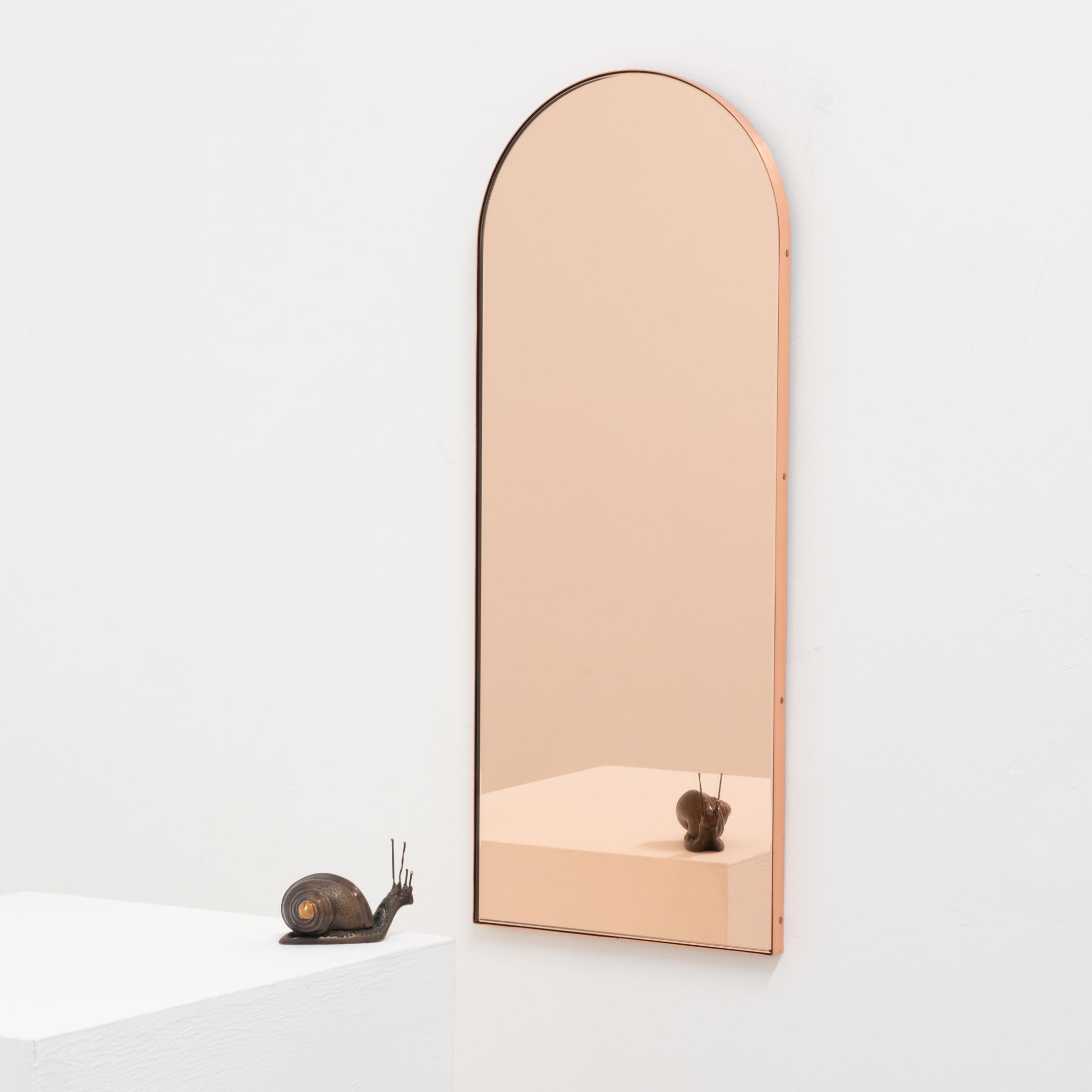 Brushed Arcus Arch shaped Rose Gold Modern Mirror with a Copper Frame, Small For Sale