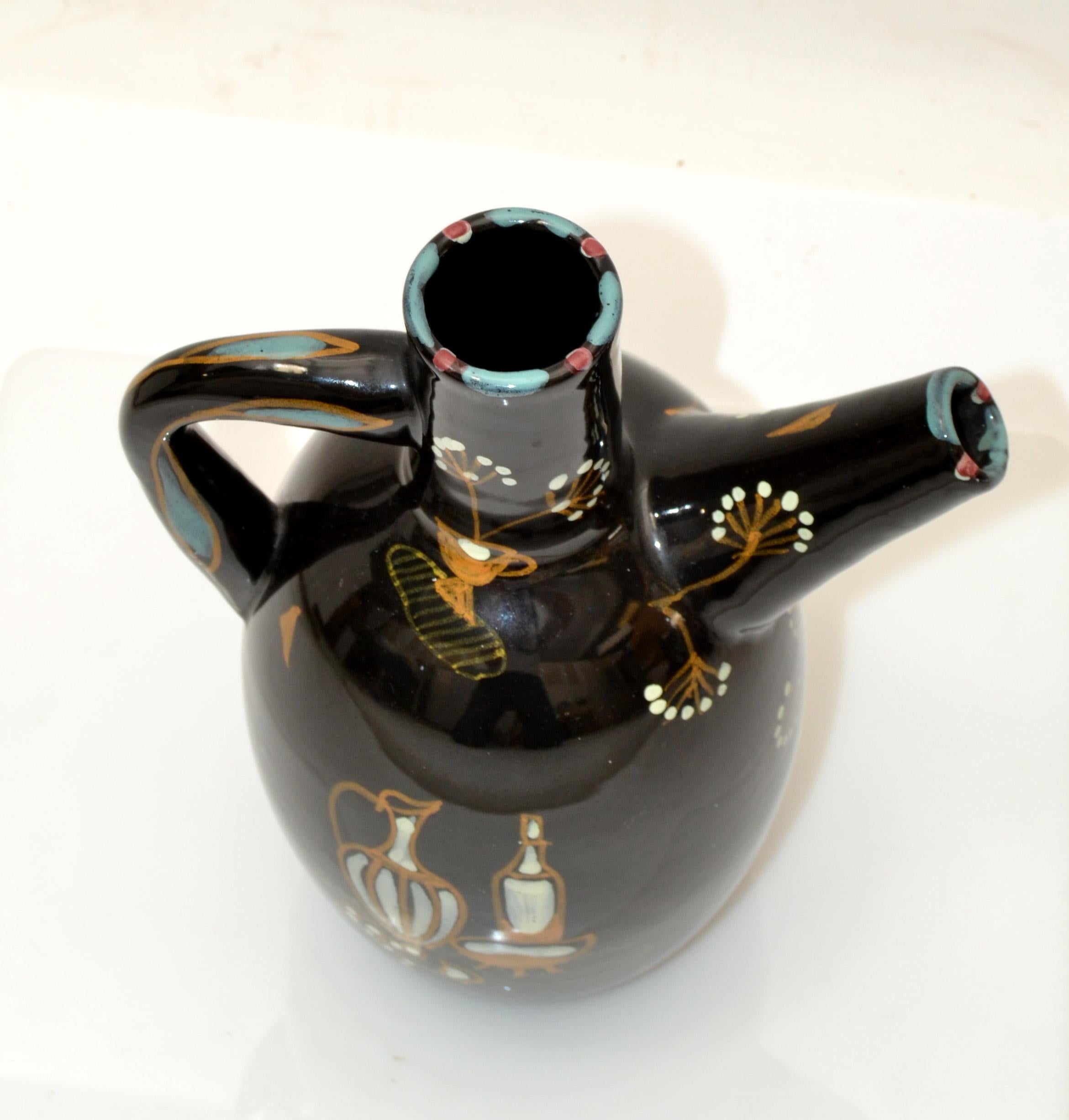 Hand-Painted Ardalt Mid-Century Modern Black & Gold Ceramic Carafe, Decanter, Vessel Italy For Sale