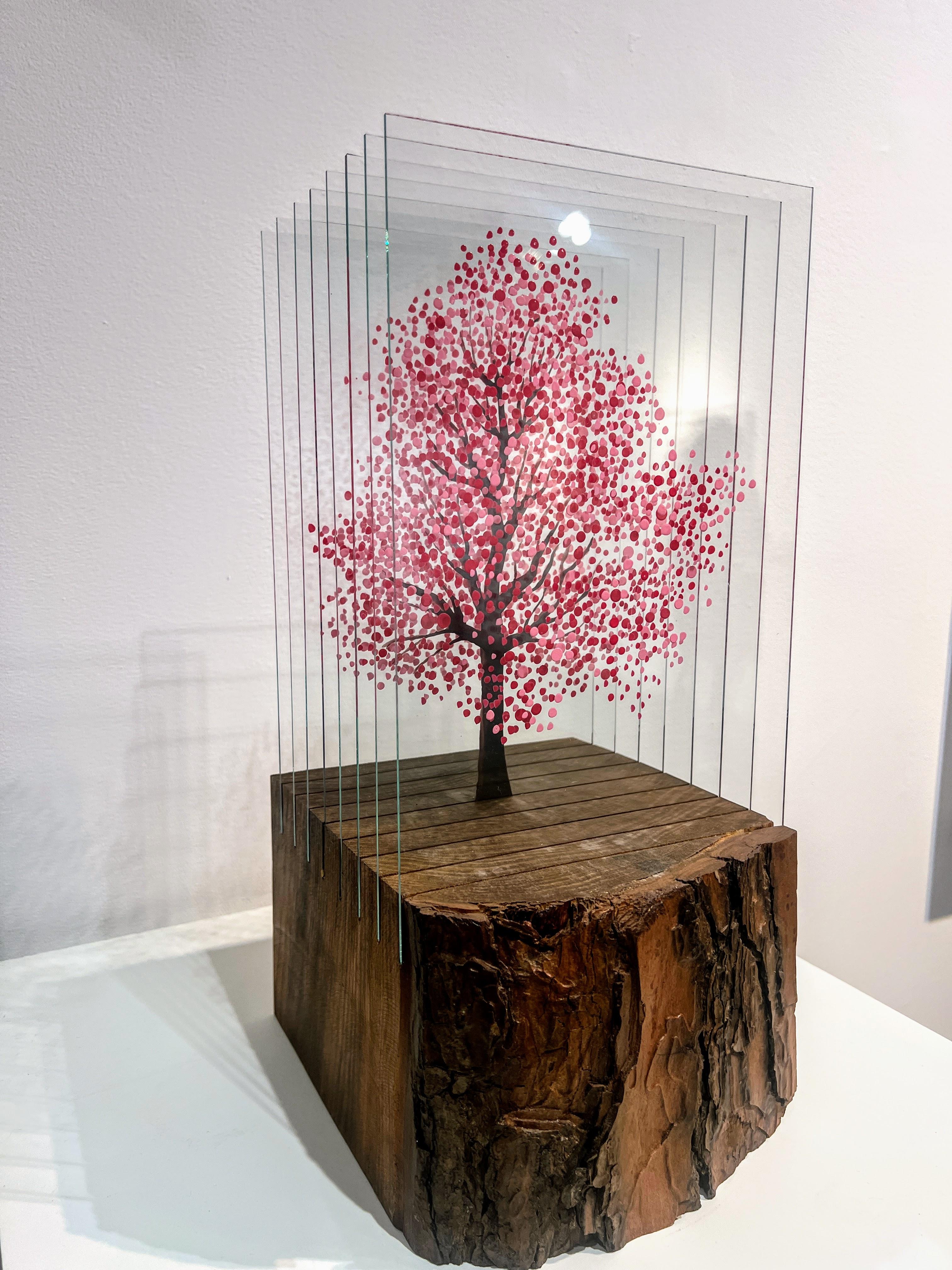Cherry Blossom Tree, Pine Wood Base - Sculpture by Ardan Özmenoğlu