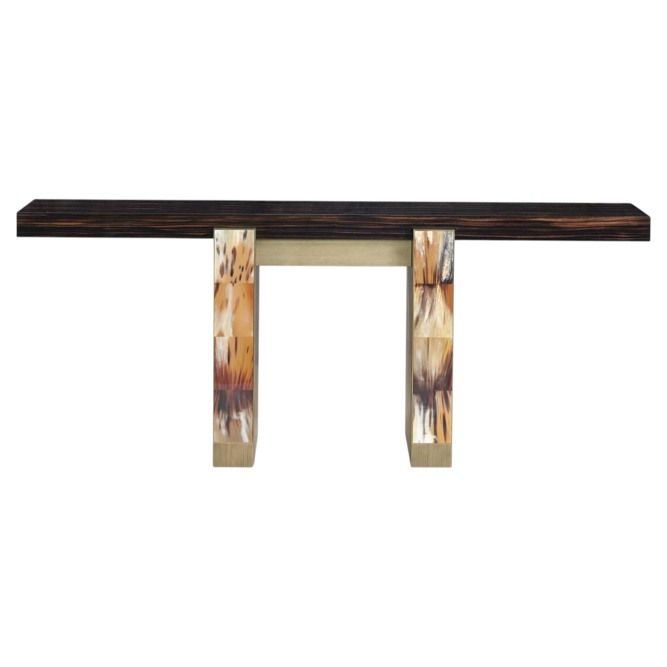 Ardea Console Table in Makkasar Ebony Veneer, Horn & Burnished Brass by Arcahorn For Sale