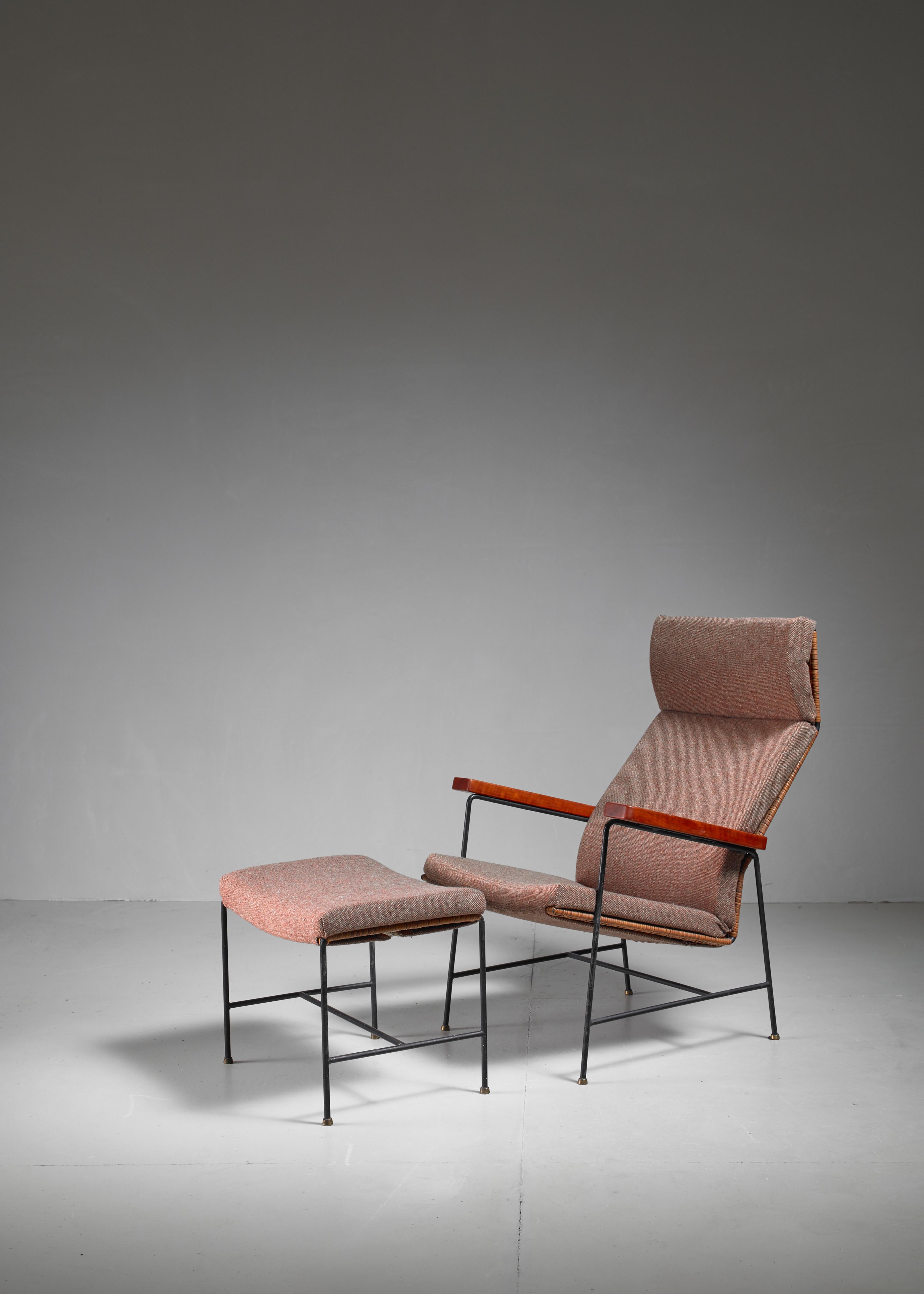 A rare mid-century set of a high back lounge chair with ottoman by Arden Riddle. Both items are made of a wrought iron frame with woven rattan, covered with a purple fabric upholstery and wooden arm rests. The rattan is woven in multiple layers,