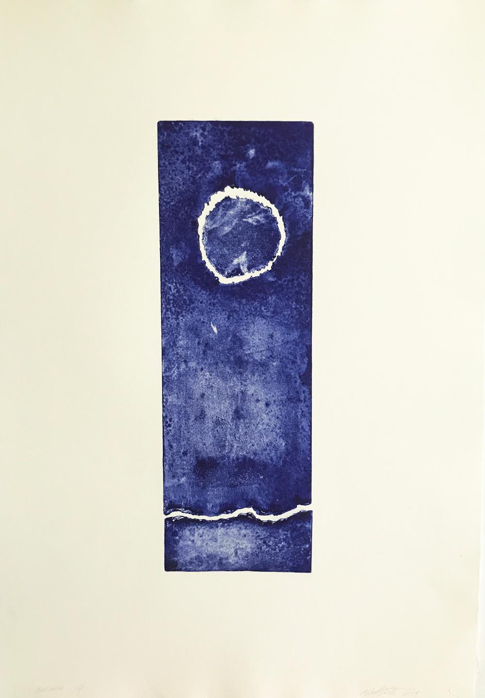Arden Scott Abstract Print - "Continuum 2", ultramarine blue abstract seascape inspired engraving print.