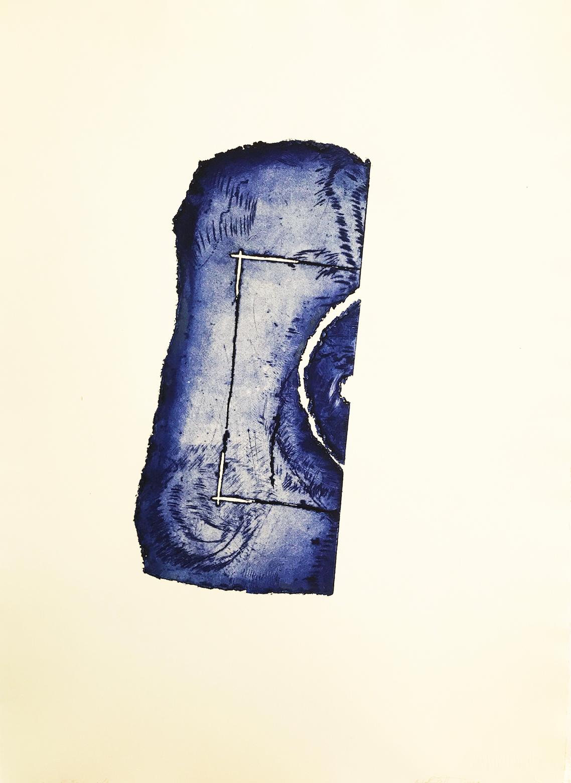 Arden Scott Abstract Print - "Square Route", ultramarine blue abstract seascape inspired engraving print.