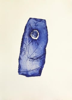 "Worm Hole 2", ultramarine blue abstract seascape inspired engraving print.