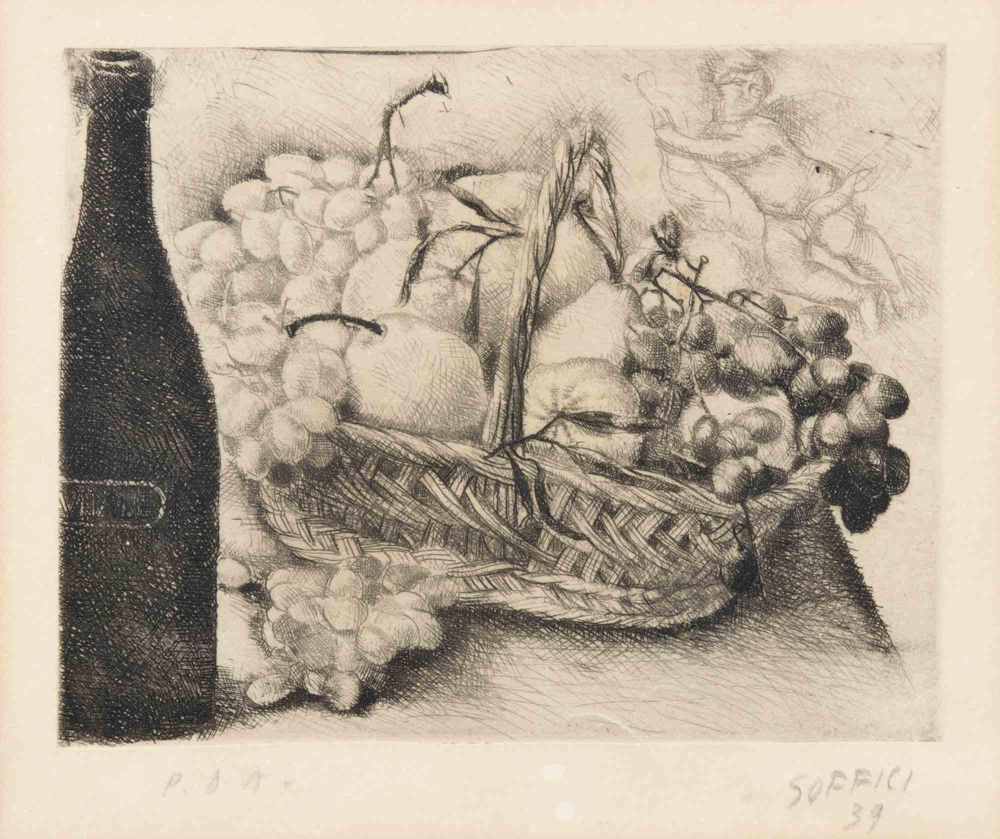 Ardengo Soffici Still-Life Print - Untitled -  Drypoint by A. Soffici - 1939