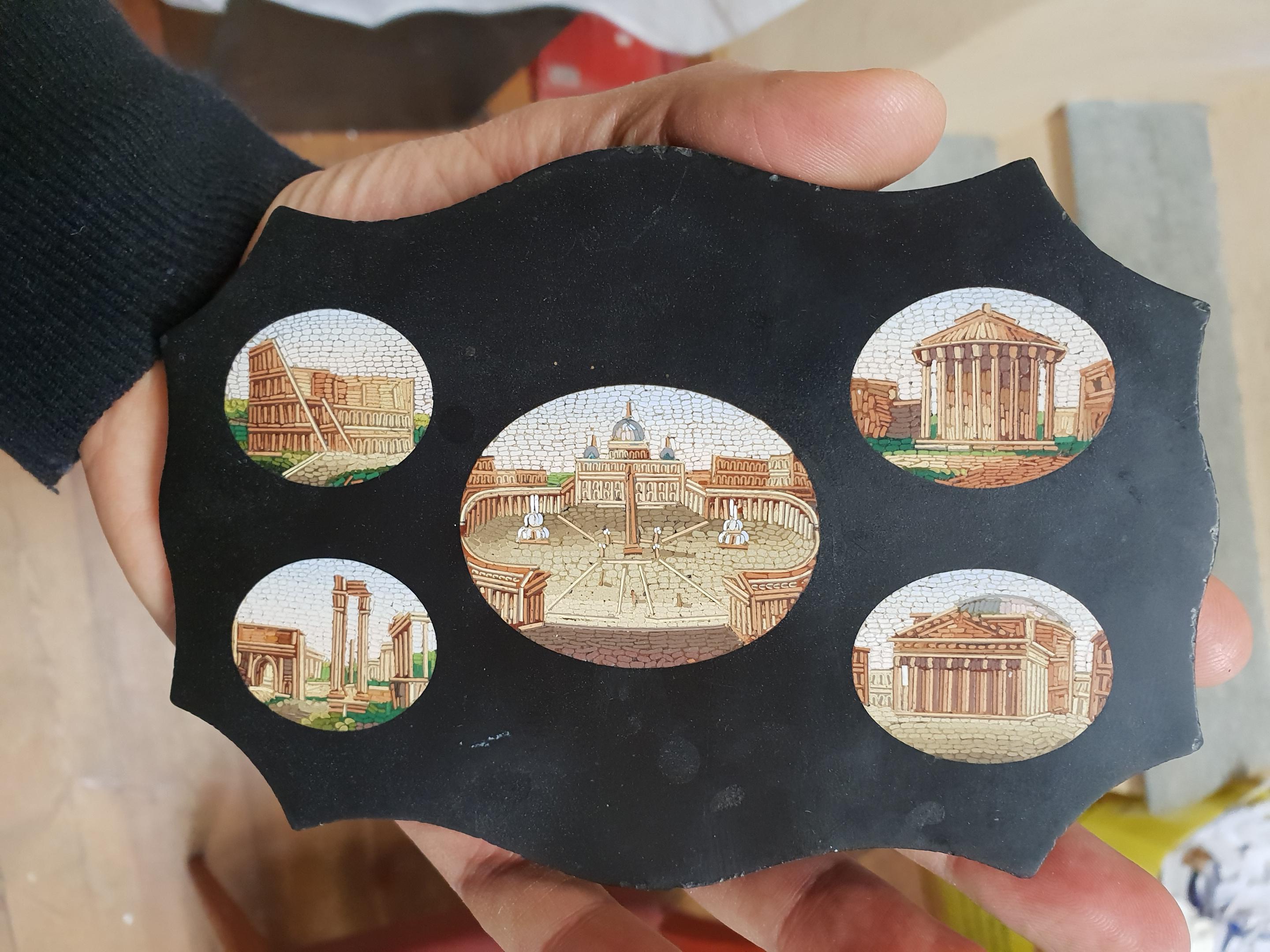 Grand Tour Ardesia Paperweight with Micromosaic Roman Views Gran Tour, 1850s For Sale