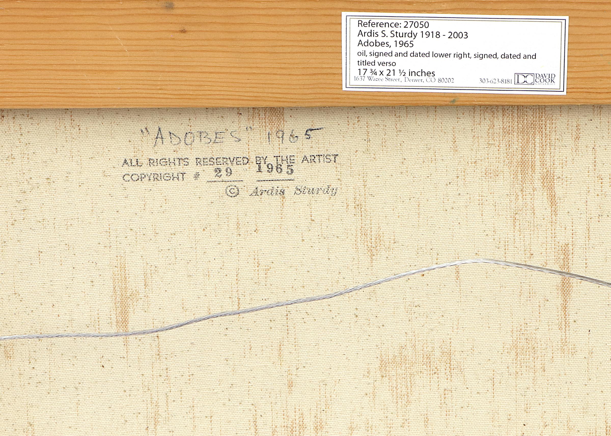 Adobes, dipinto a olio astratto incorniciato degli anni '60 in verde, blu e arancione, Sud-Ovest 7