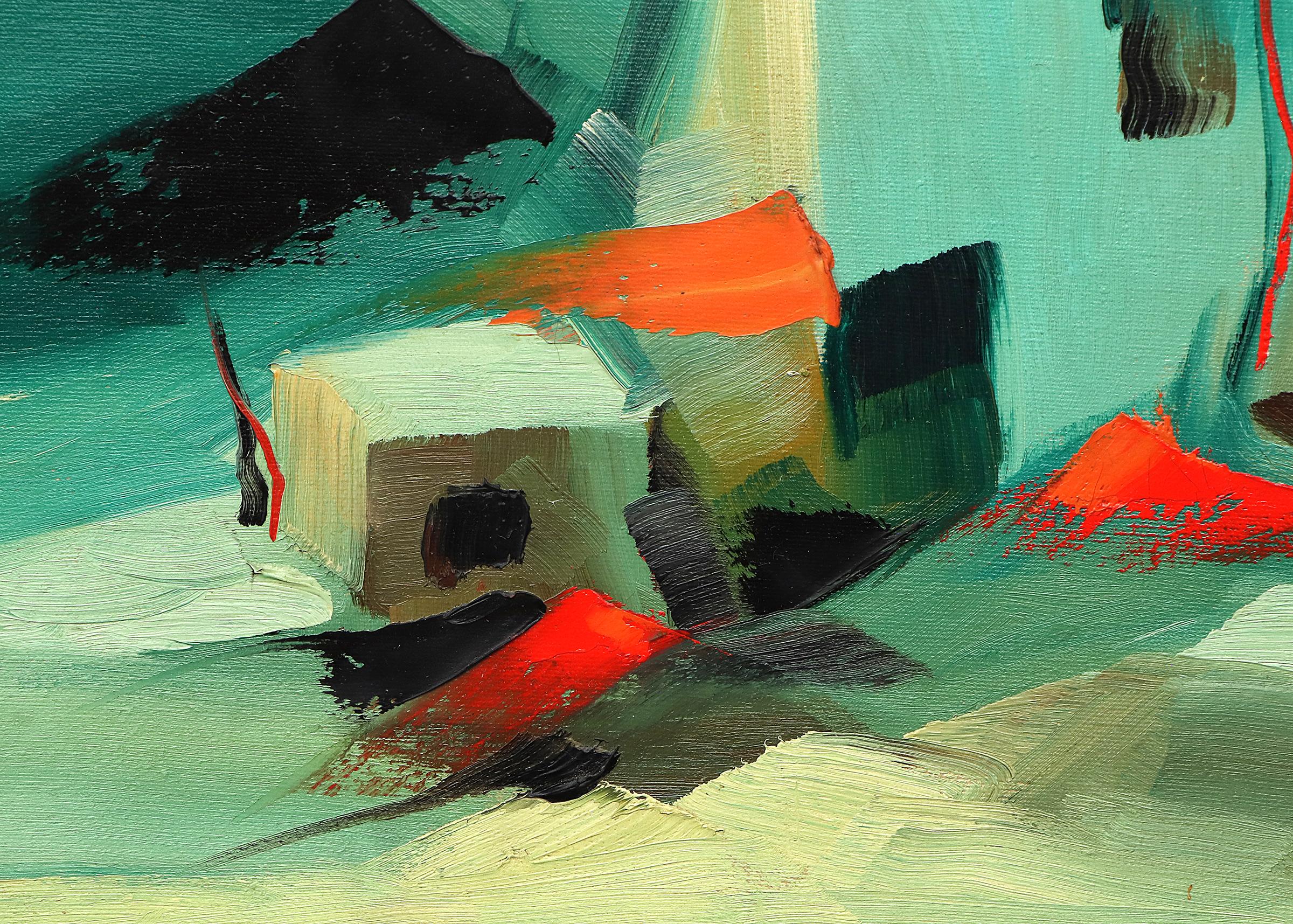 Adobes, dipinto a olio astratto incorniciato degli anni '60 in verde, blu e arancione, Sud-Ovest - Painting di Ardis S. Sturdy