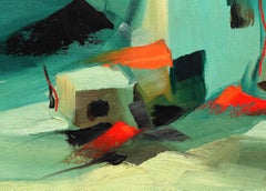 Adobes, 1960s Framed Abstract Oil Painting in Green, Blue and Orange, Southwest