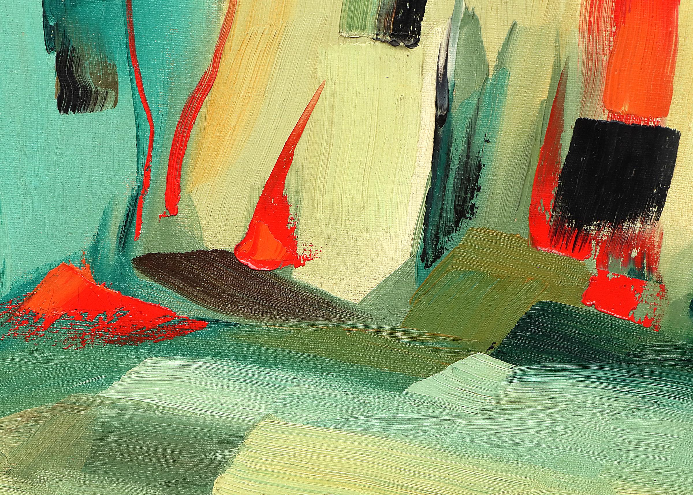Adobes, dipinto a olio astratto incorniciato degli anni '60 in verde, blu e arancione, Sud-Ovest - Painting Astratto di Ardis S. Sturdy