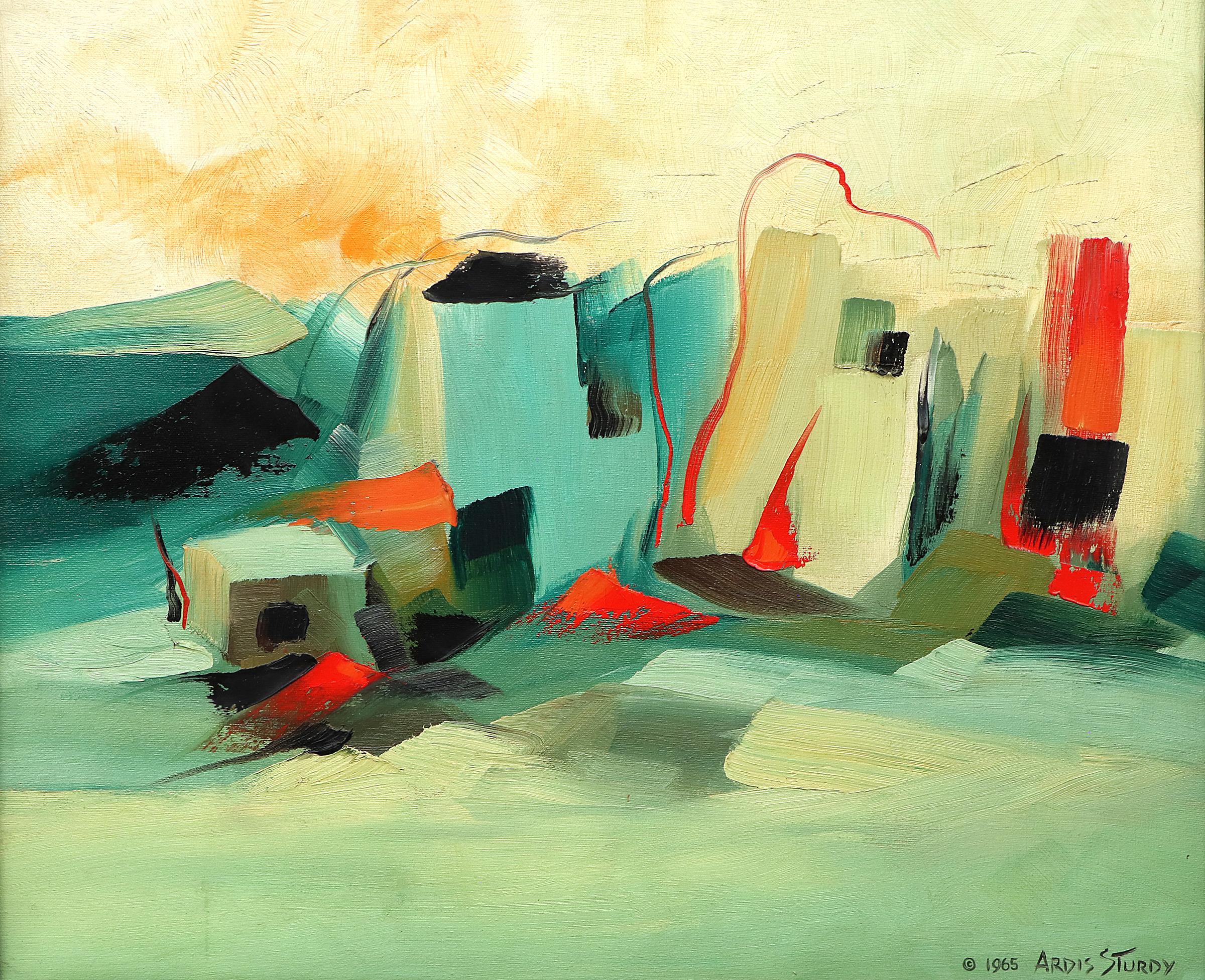 'Adobes' è un dipinto ad olio su tela semi-astratto di Ardis S. Sturdy (1918-2003) del 1965. Paesaggio astratto del sud-ovest dipinto con vibranti tonalità di rosso, verde, blu, giallo e arancione. Presentato in una cornice personalizzata di 18 ¾ x