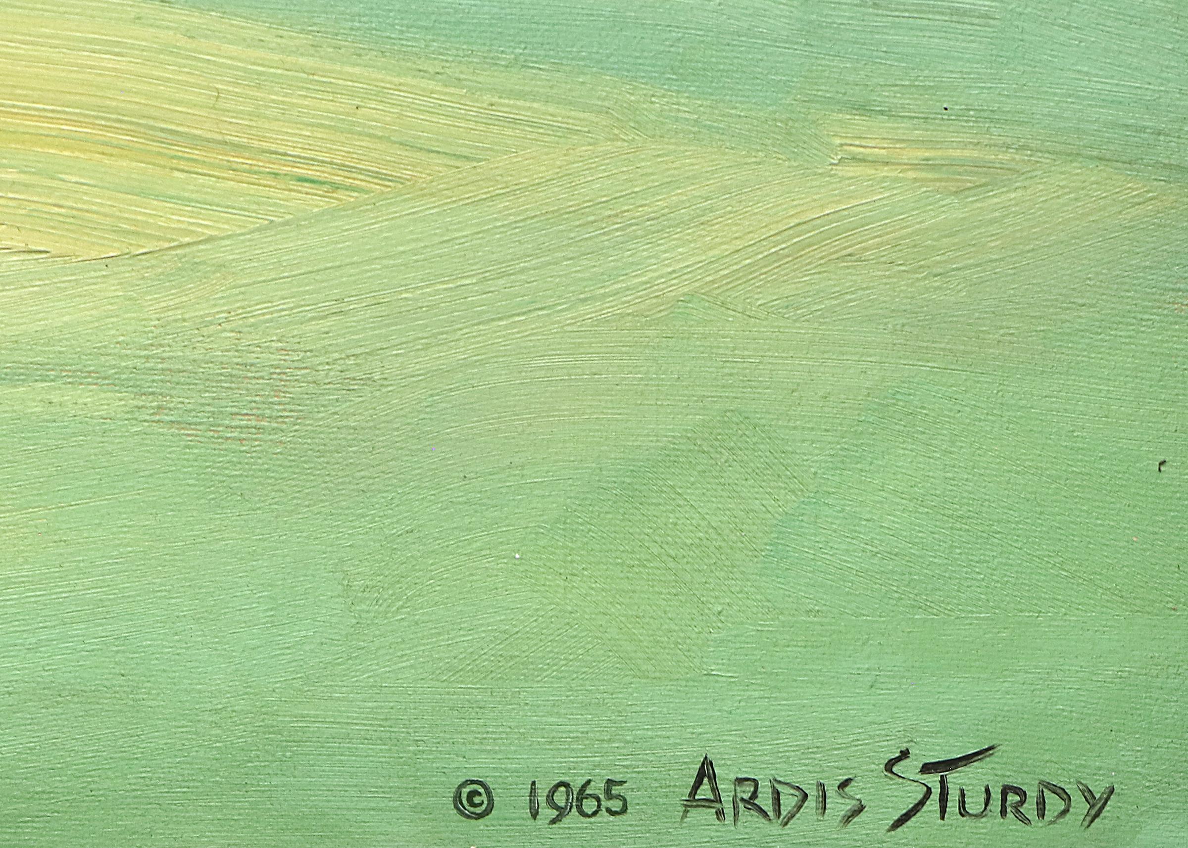 Adobes, dipinto a olio astratto incorniciato degli anni '60 in verde, blu e arancione, Sud-Ovest 1