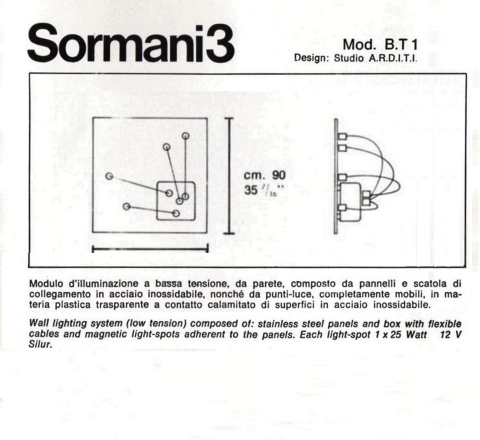 italien ARDITI 1972 - Lampe murale en acier chromé avec éclairages amovibles en lucite BT, Sormani Italie en vente