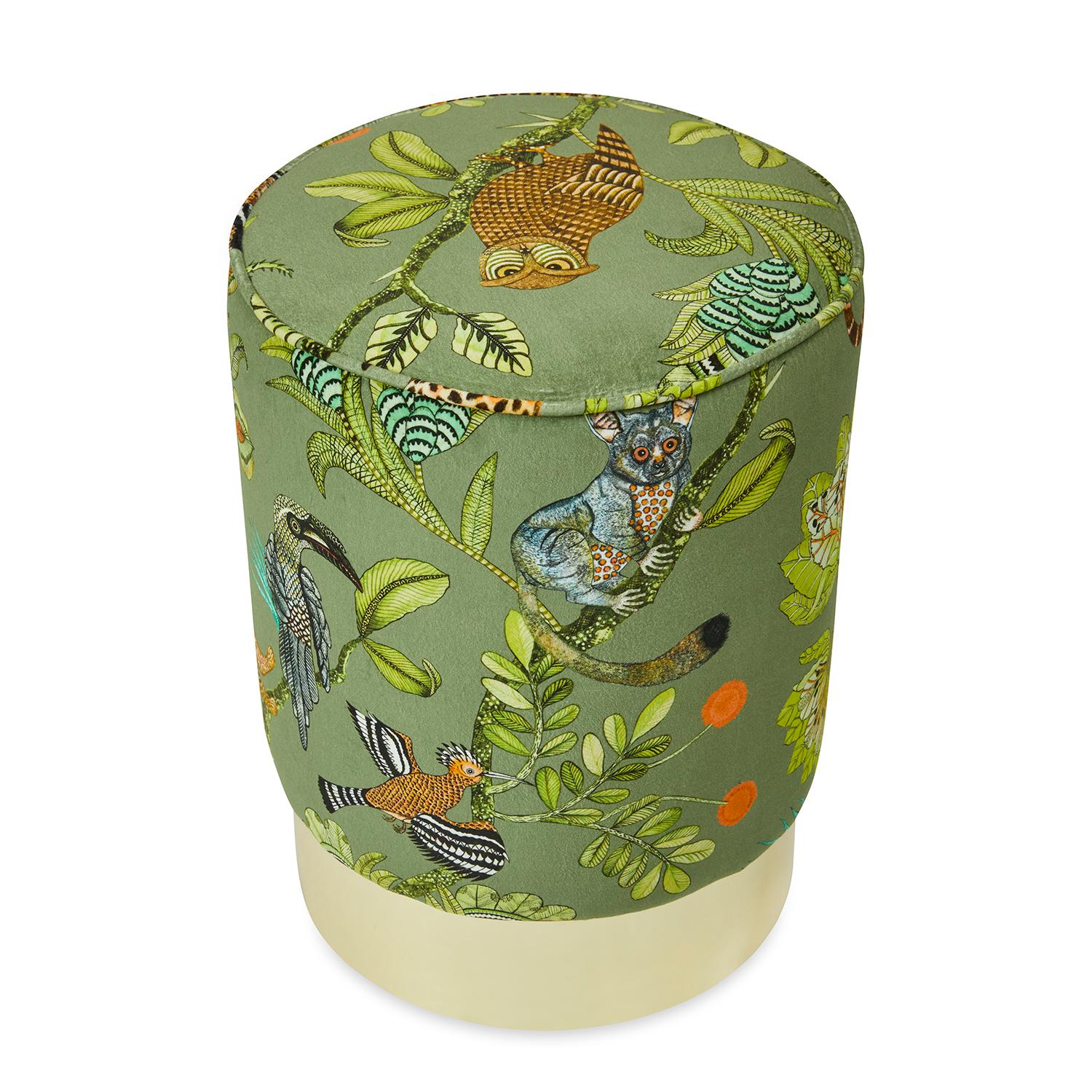 A luxurious Camp Critters Velvet Fabric covered Pouff with a brass base.

Product information
Dimensions: 15