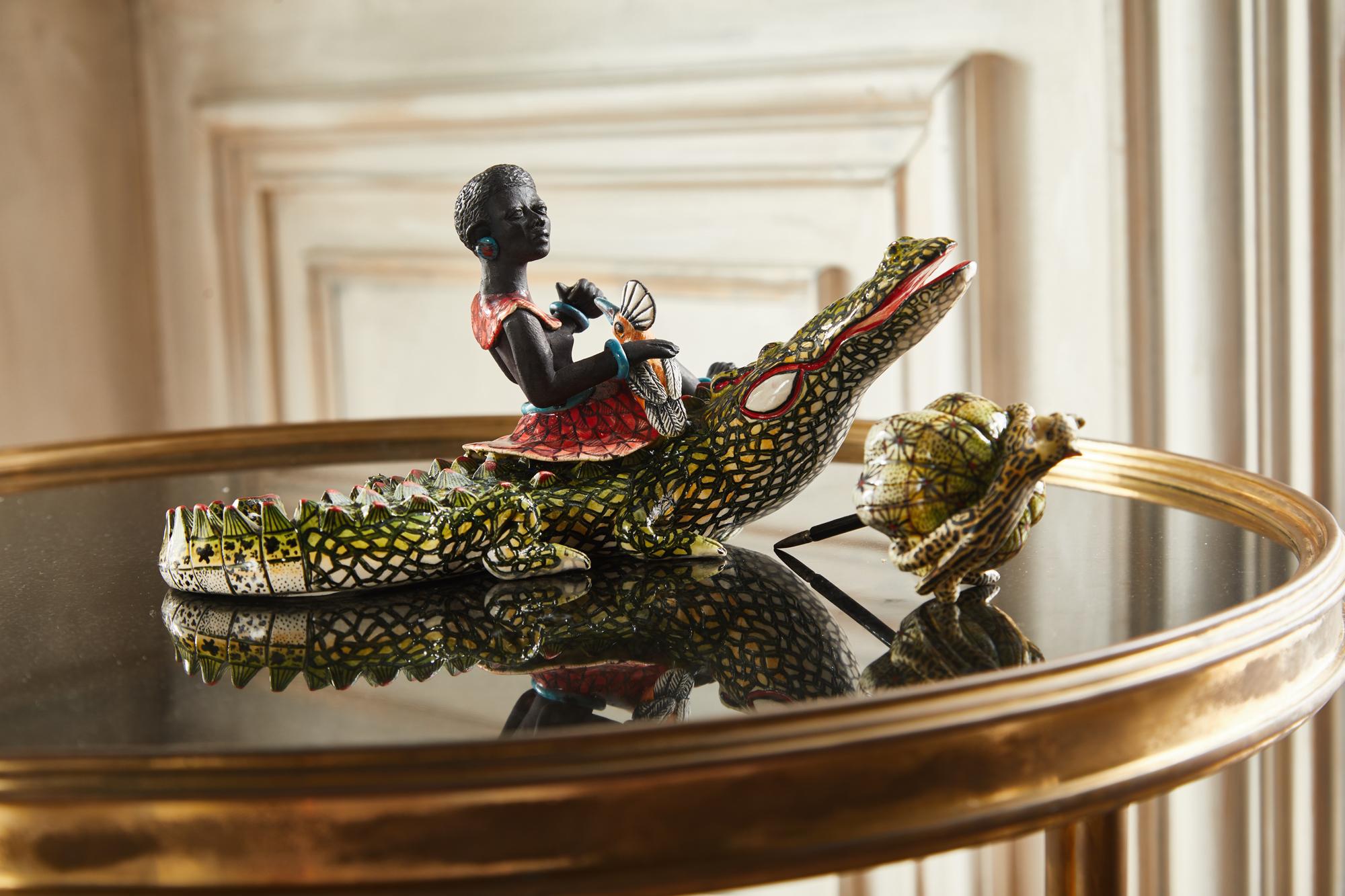 Contemporary Ardmore Ceramic Crocodile Rider For Sale