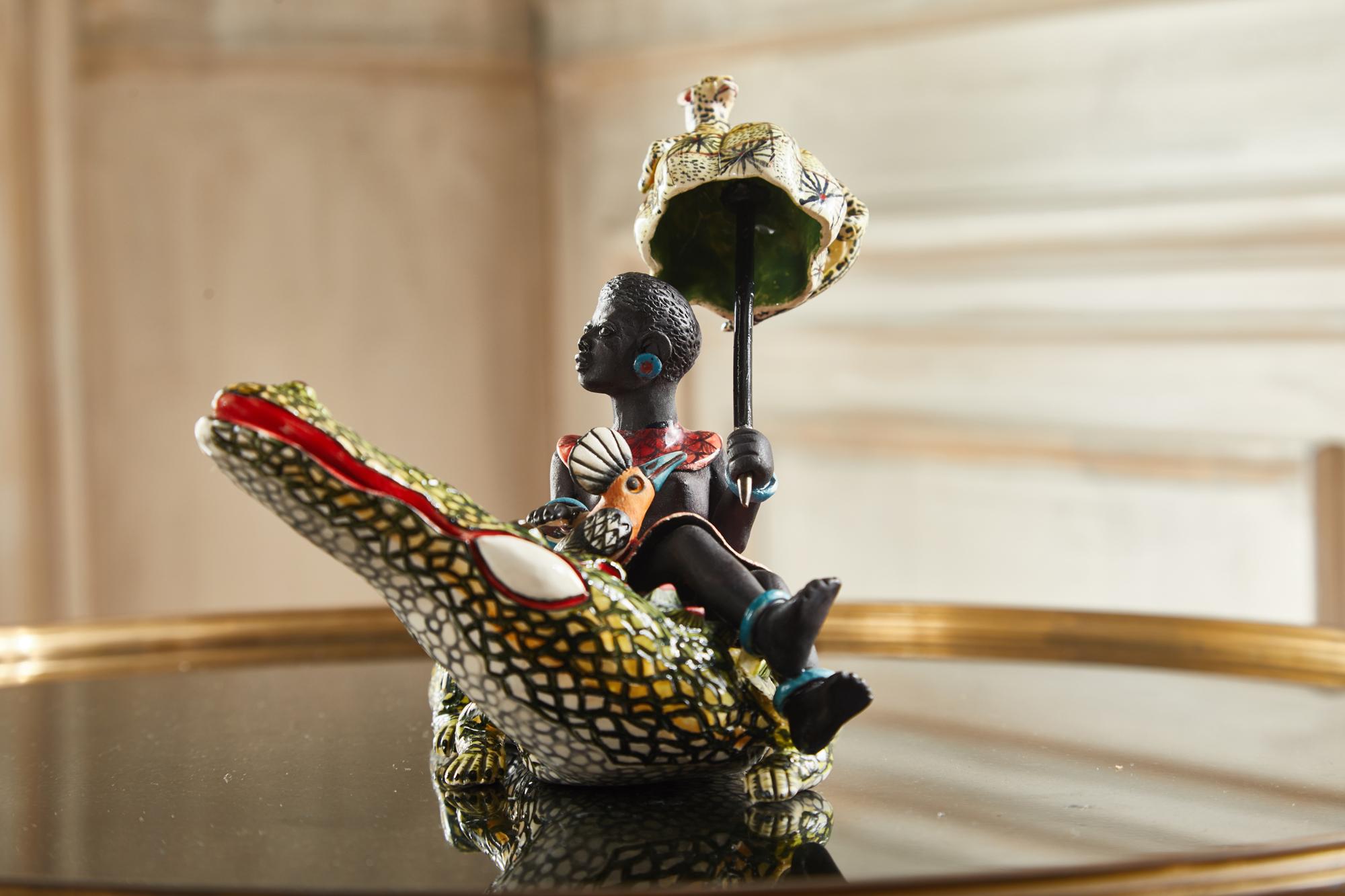 Earthenware Ardmore Ceramic Crocodile Rider For Sale