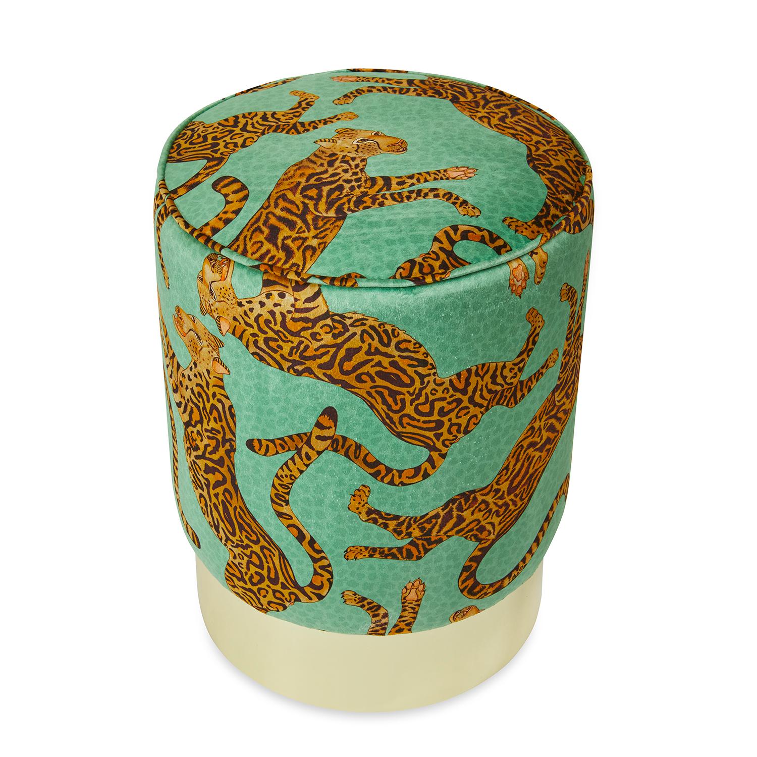 A luxurious Cheetah Kings Jade Velvet Fabric covered Pouff with a brass base.

Product information
DIMENSIONS: 15