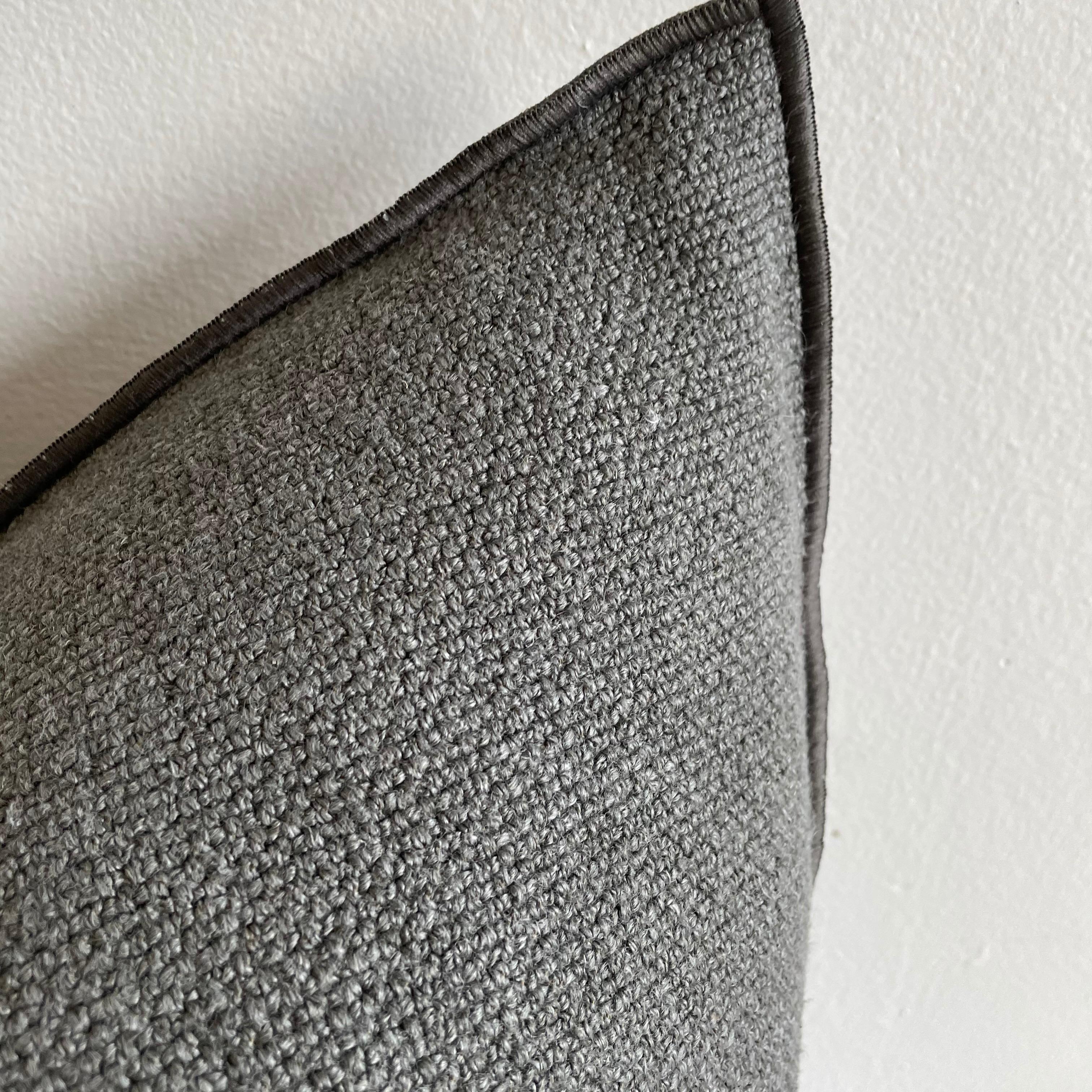 Custom linen blend accent pillow. Color: Ardolse A black/grey colored nubby textured style pillow with a stitched edge, metal zipper closure. Our pillows are constructed with vintage one of a kind textiles from around the globe. Carefully