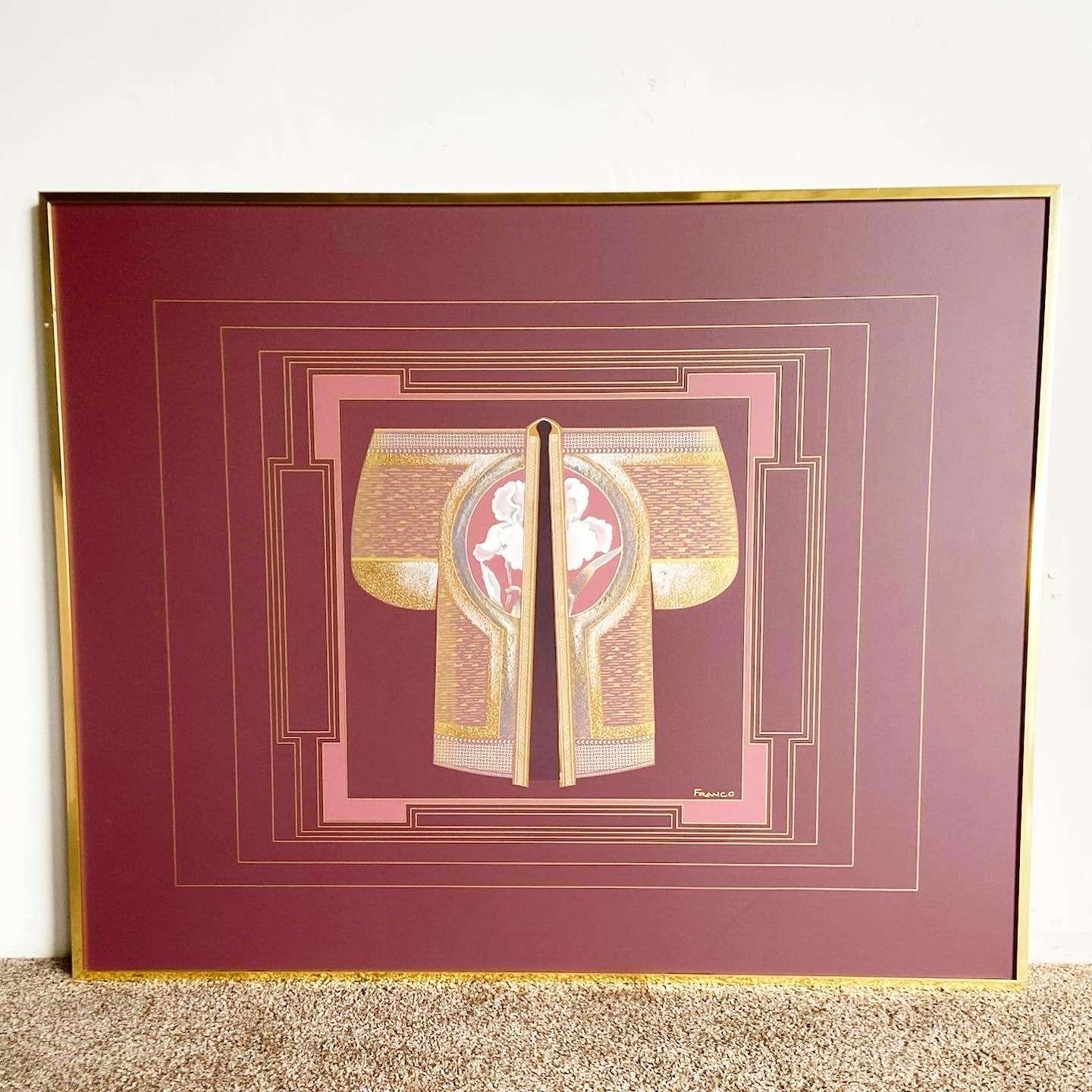 Incredible vintage art deco revival framed painting singled by Franco. Features a central figure with gold pink and purple.
