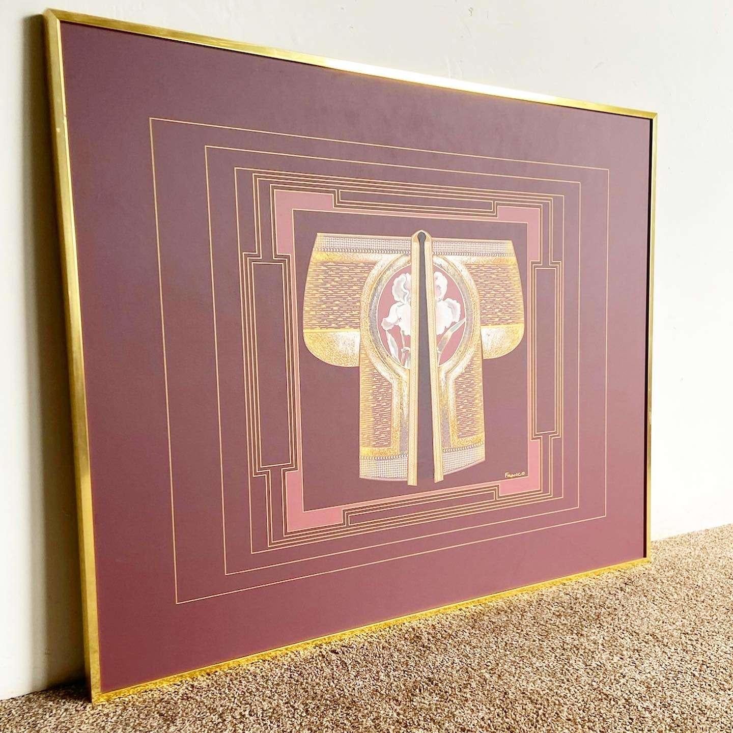American Art Deco Purple Pink and Gold Signed Painting in Gold Frame For Sale