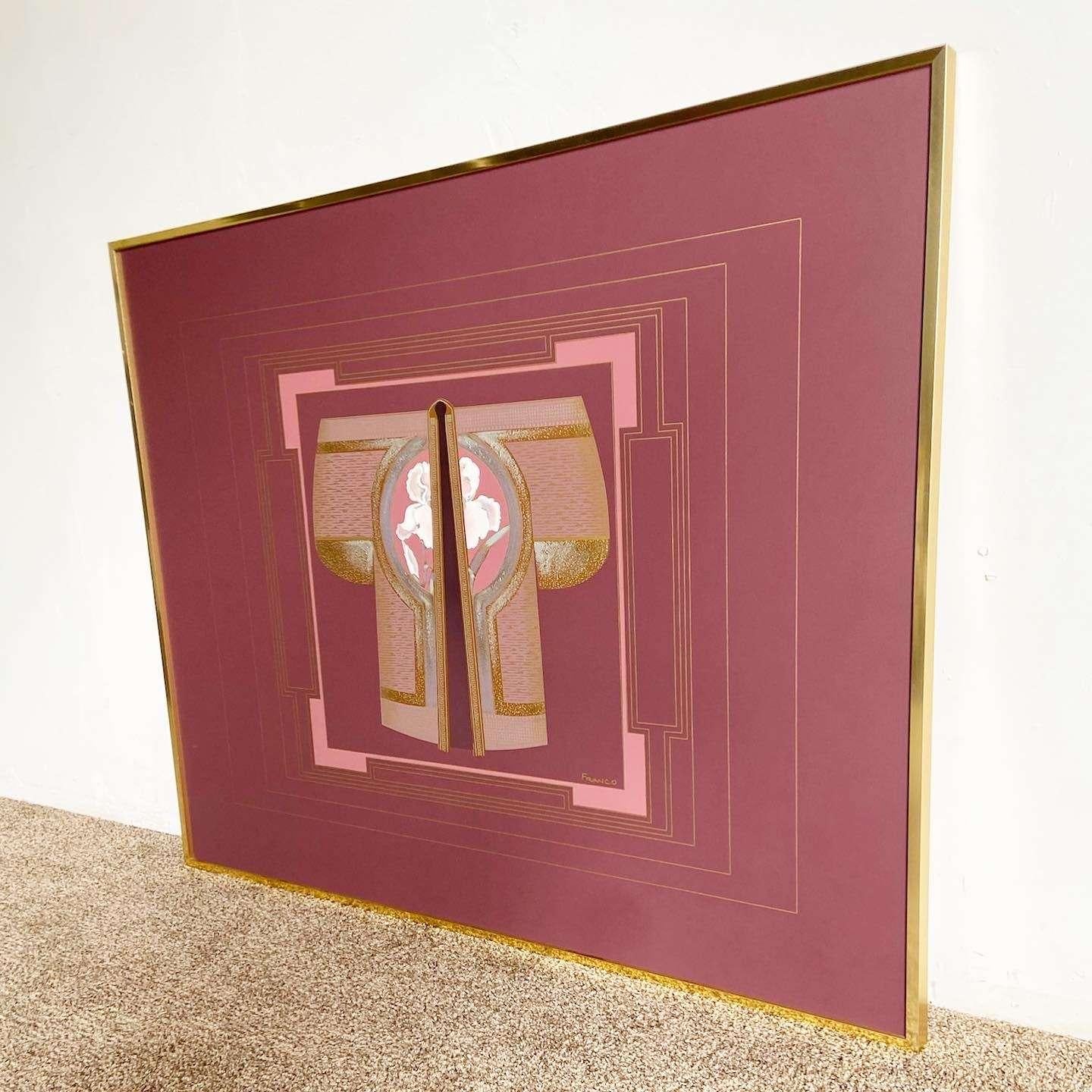Art Deco Purple Pink and Gold Signed Painting in Gold Frame In Good Condition For Sale In Delray Beach, FL