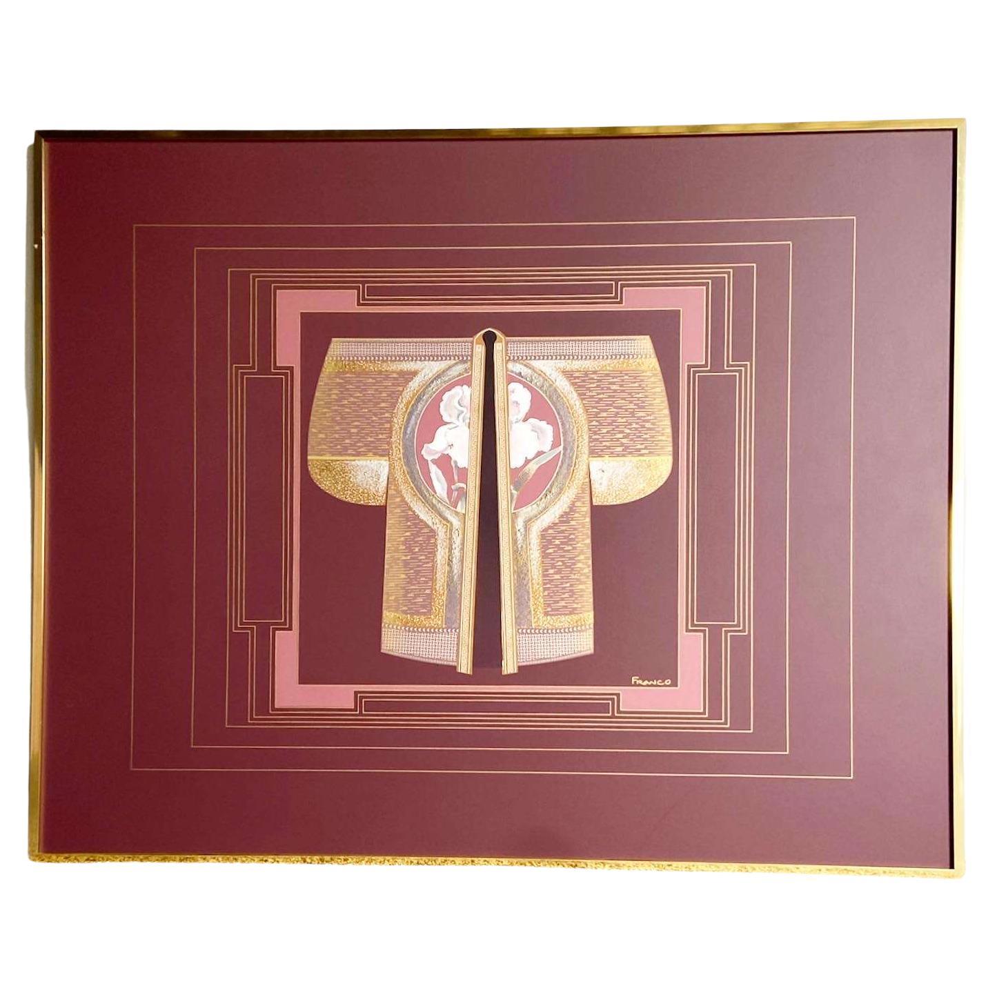 Art Deco Purple Pink and Gold Signed Painting in Gold Frame