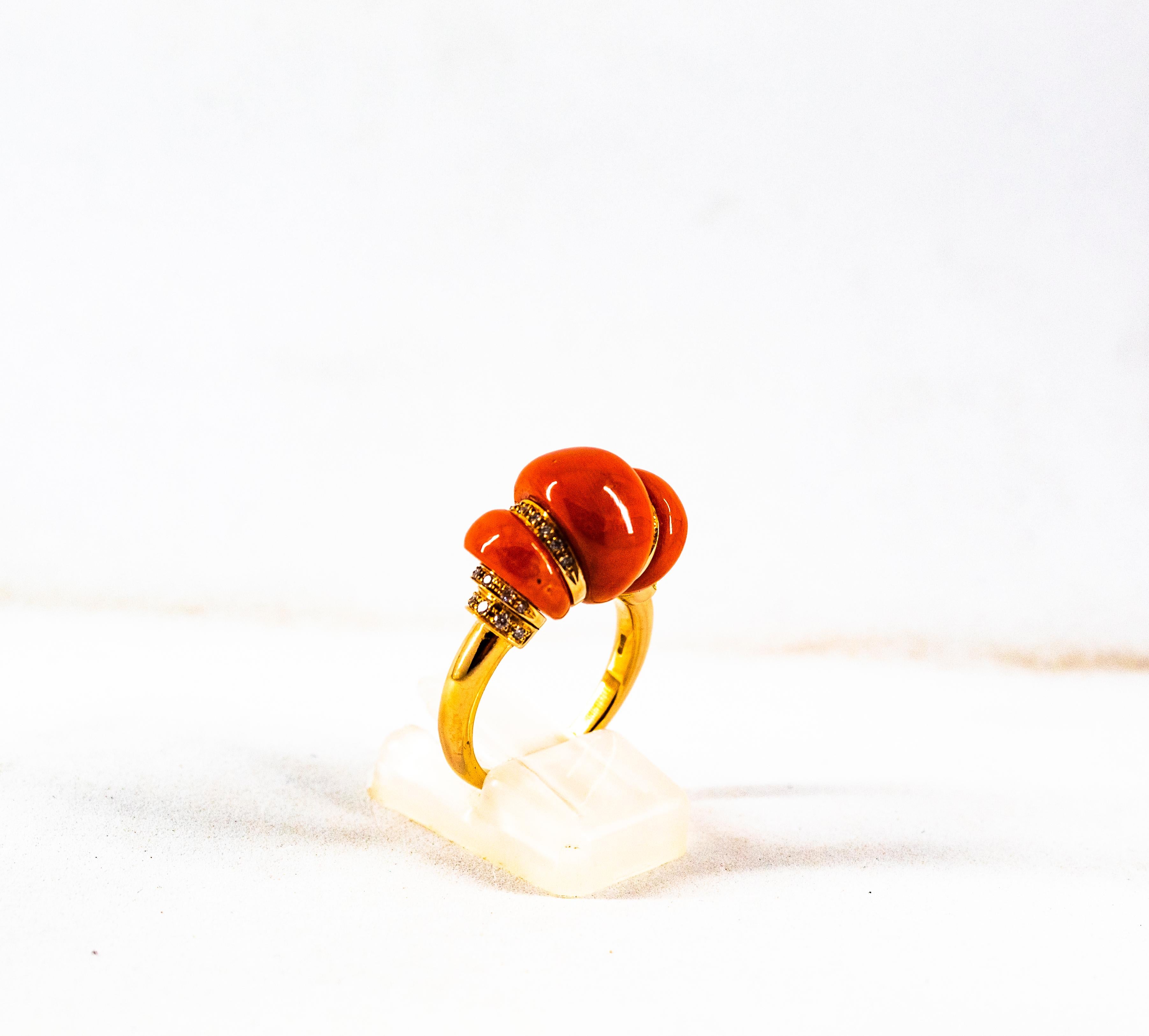 Art Deco Style White Diamond Mediterranean Red Coral Yellow Gold Cocktail Ring 4