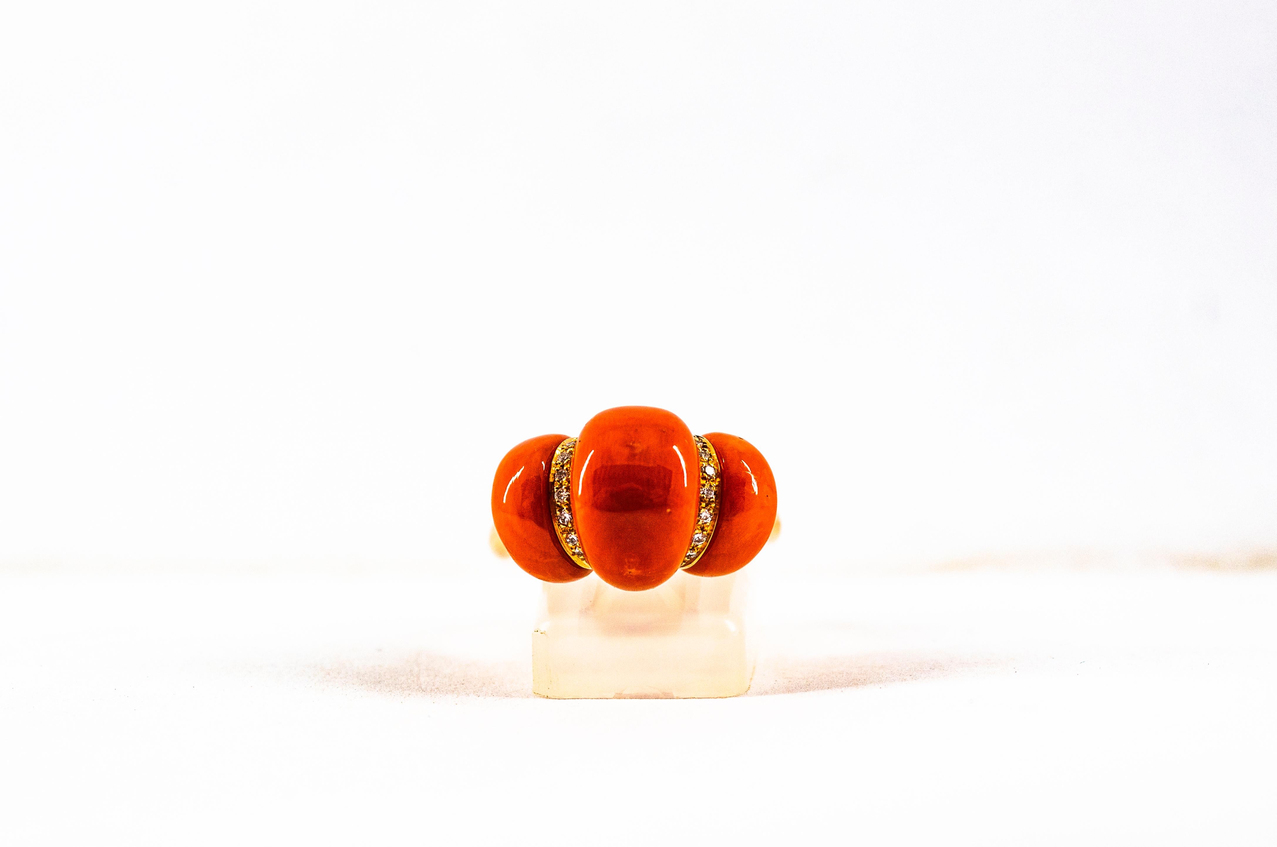 Art Deco Style White Diamond Mediterranean Red Coral Yellow Gold Cocktail Ring 7