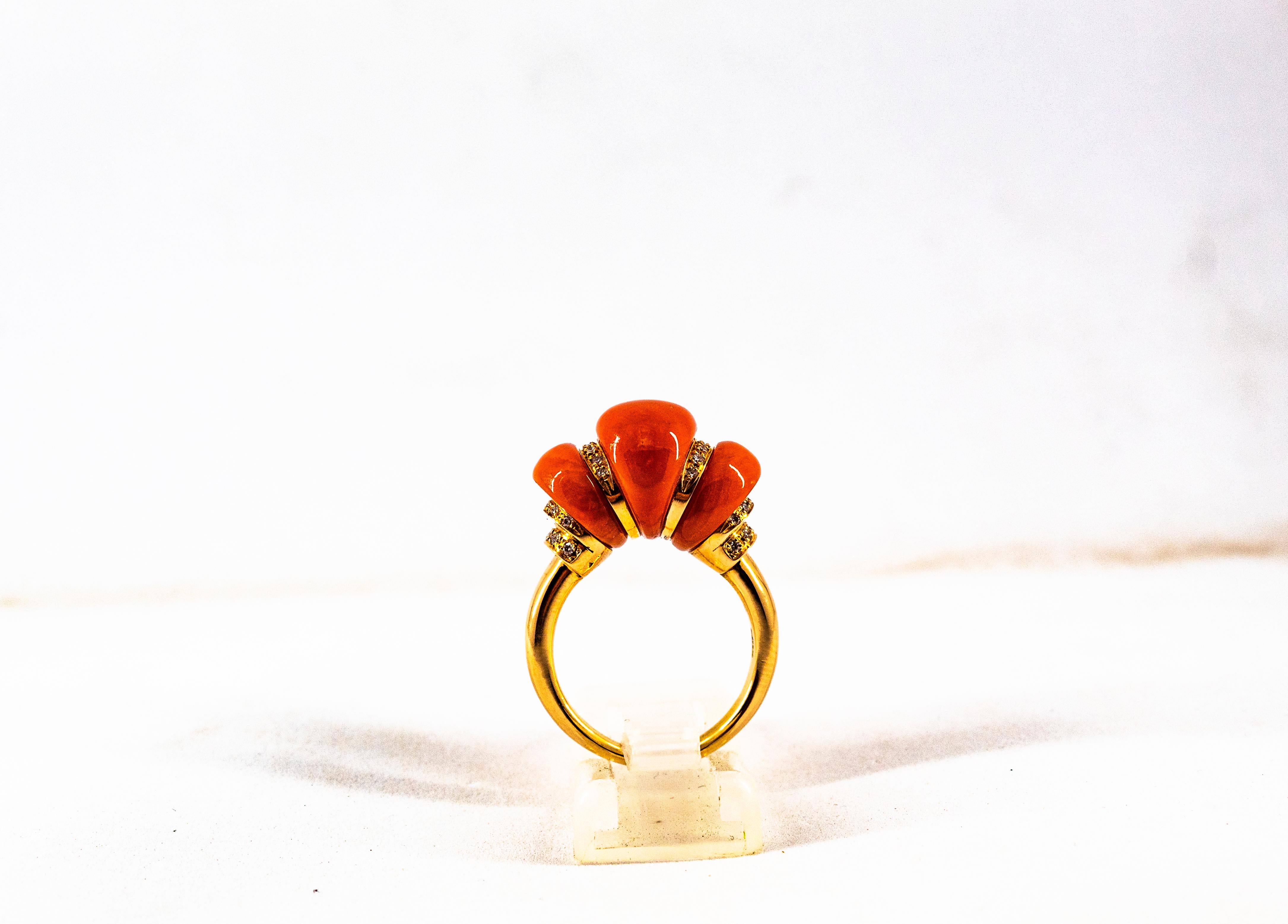 Art Deco Style White Diamond Mediterranean Red Coral Yellow Gold Cocktail Ring 2