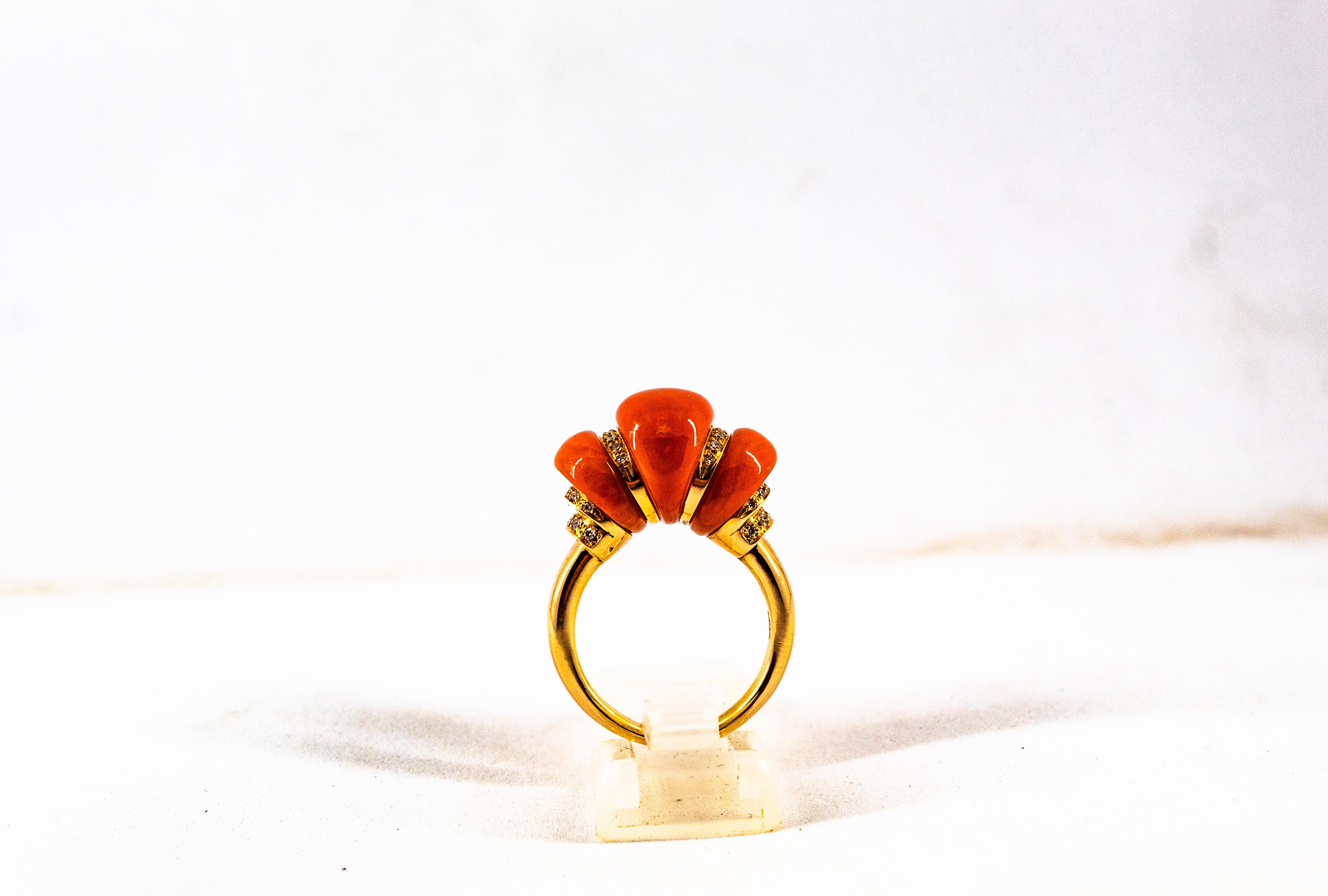 Art Deco Style White Diamond Mediterranean Red Coral Yellow Gold Cocktail Ring 3