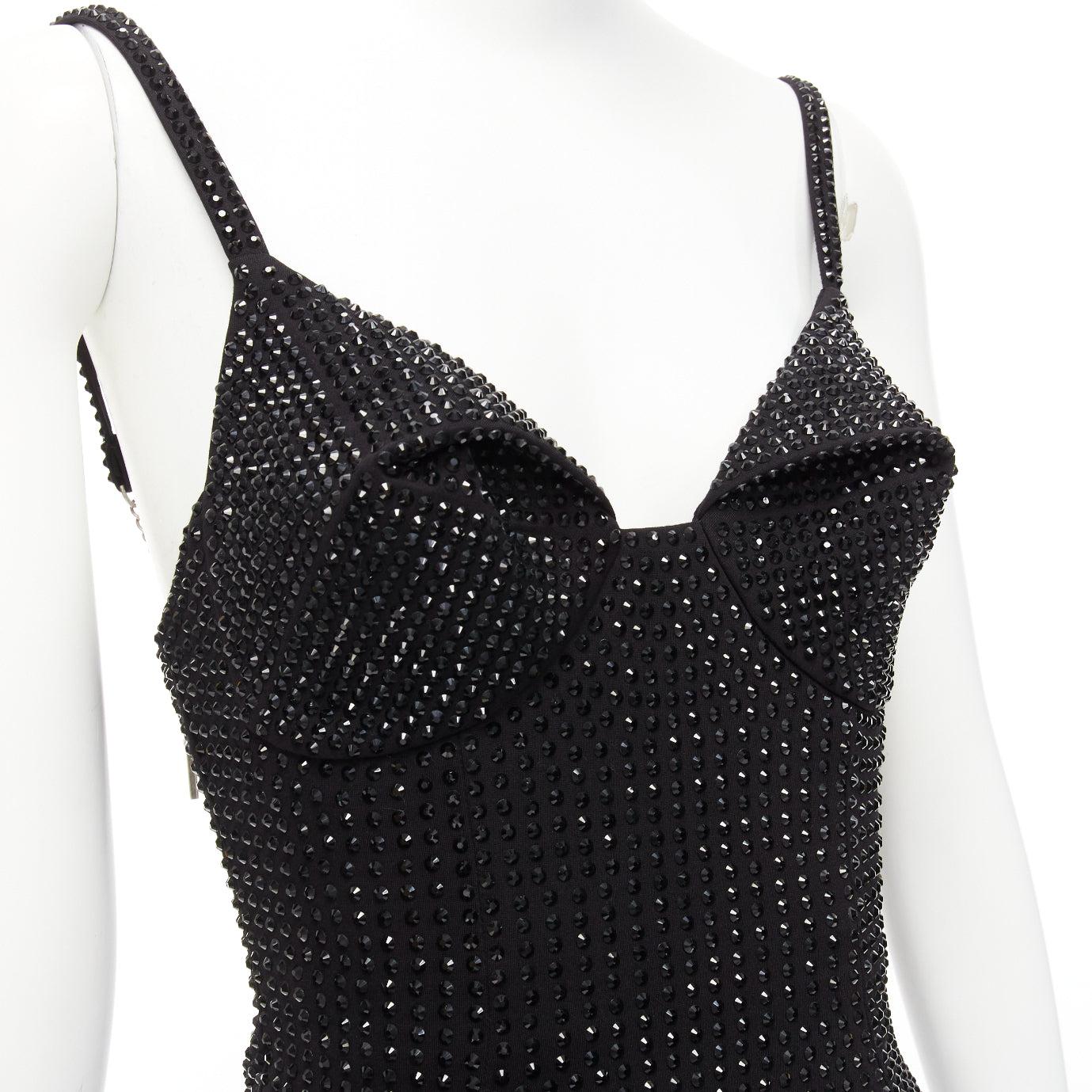 AREA black crystal embellished conical bra spaghetti bodycon mini dress US2 S In New Condition In Hong Kong, NT