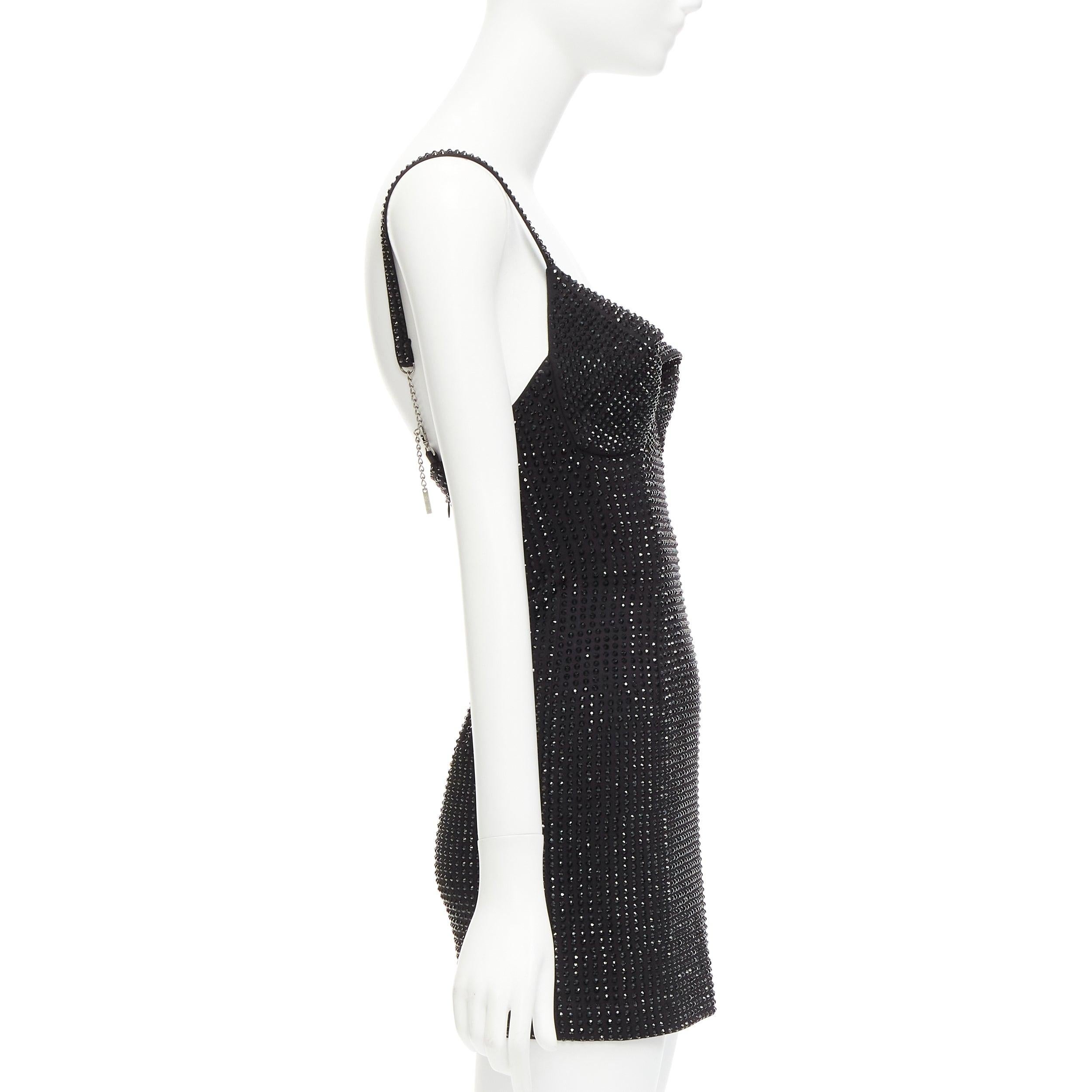 Women's AREA black crystal embellished conical bra spaghetti bodycon mini dress US2 S