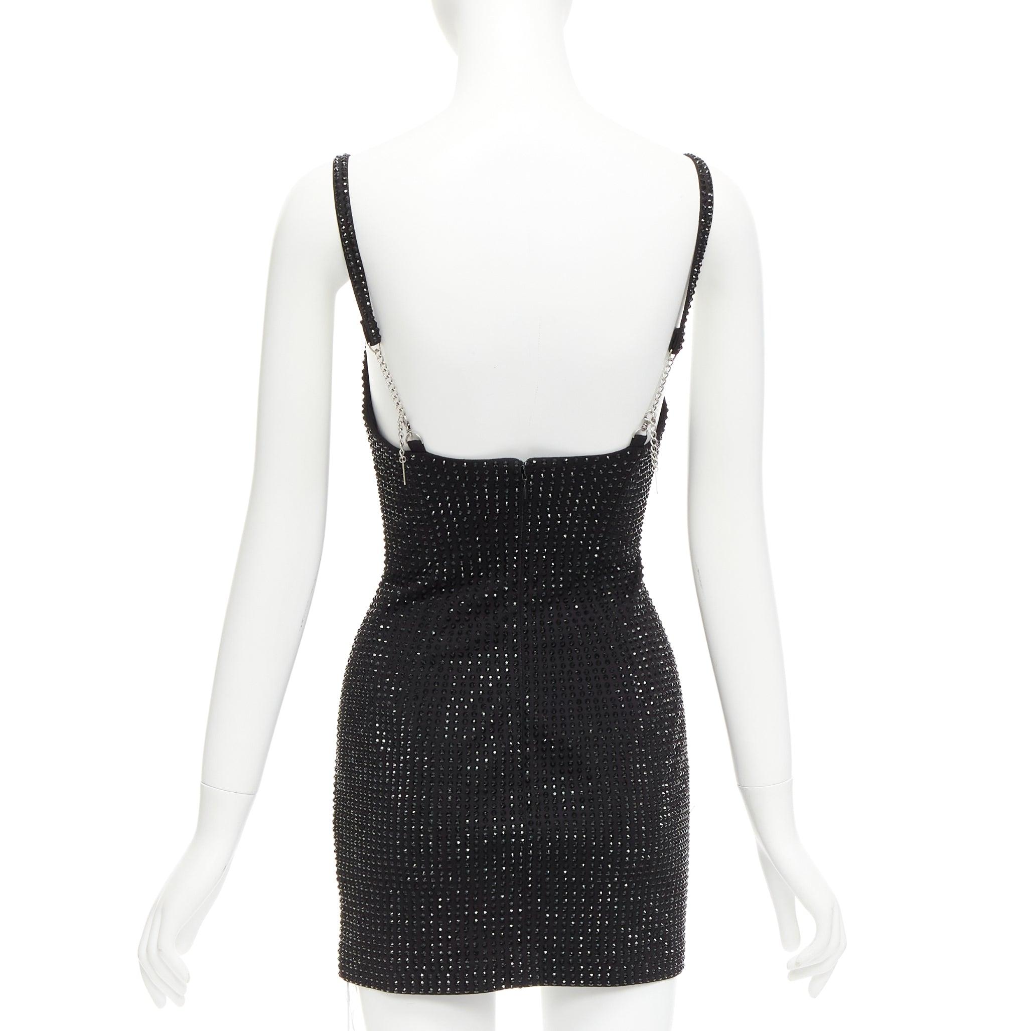AREA black crystal embellished conical bra spaghetti bodycon mini dress US2 S 1